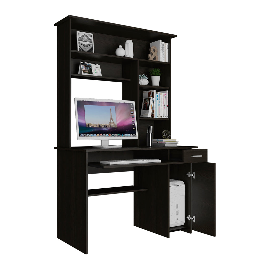 Compu 180 Hutch Desk, Multiple Shelves, Keyboard Tray, CPU anel, One Drawer -Black