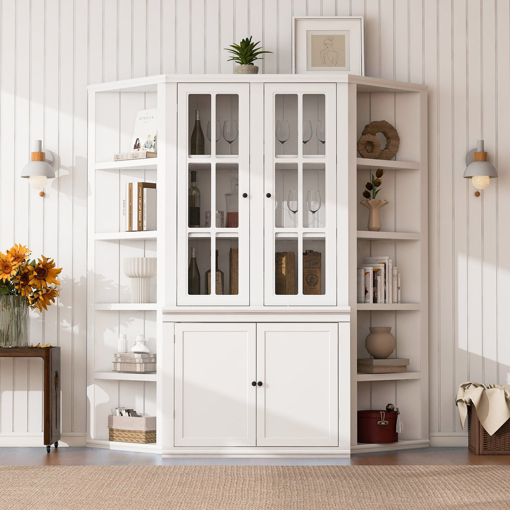 75.25'' Tall Display Cabinet and Two Triangle Sided Bookshelves, 69.25'' Wide Retro Style Wall Suit with Glass Doors, for Hallways, Living room, Office, Studio or Workspace - White