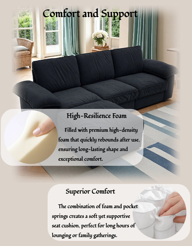 FX-P20M-3S0-BK (3S&Ottoman SOFA)105.5inch Upholstered L-Shaped Sectional Sofa with Storage , Modern Fabric Couch with Deep Cushions, Space-Saving Sofa for Apartment & Living Room