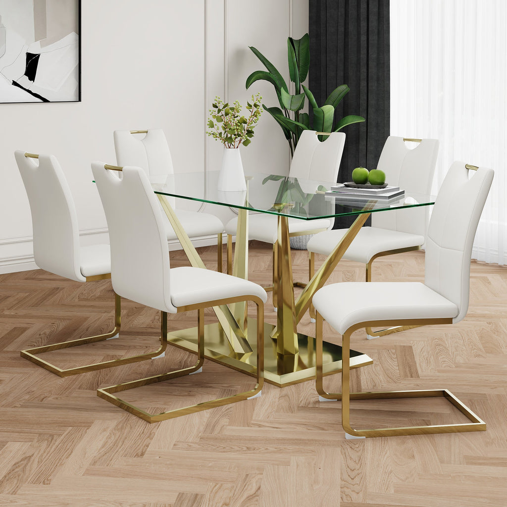 Modern style glass dining table, elegant transparent design, sturdy stainless steel base, White dining chair set, with gold-plated chair legs, suitable for dining room and kitchen (set of 7)