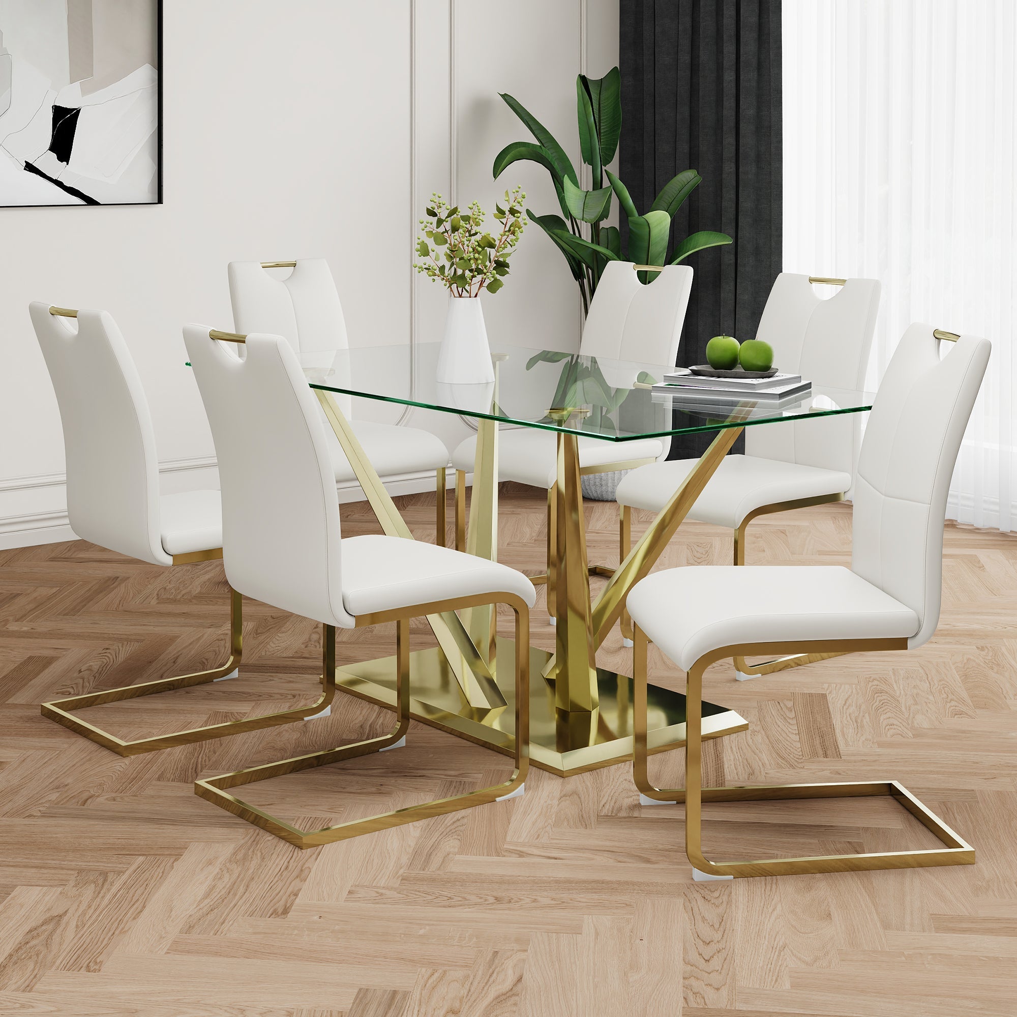 Modern style glass dining table, elegant transparent design, sturdy stainless steel base, White dining chair set, with gold-plated chair legs, suitable for dining room and kitchen (set of 7)