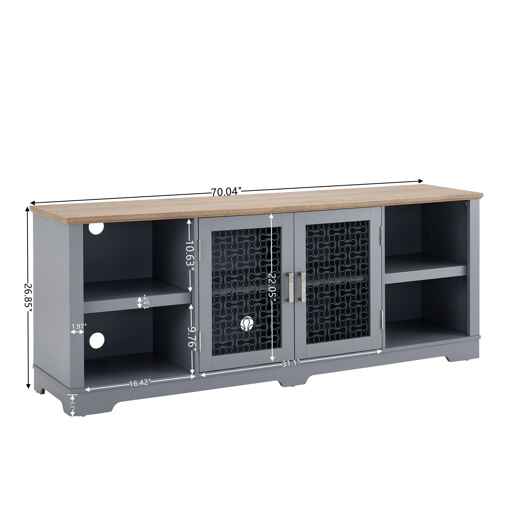 Modern Farmhouse TV Media Stand, Large Home Entertainment Console, for TV Up to 80'', with Open Shelves and Glass Door Cabinets, Light Blue and Light Oak, 70'W*15.55'D*26.85'H