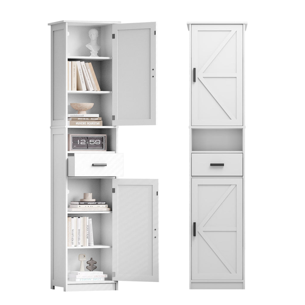 69' H Tall Bathroom Storage Cabinet with 2 Barn Doors and 1 Drawer, Narrow Storage Unit, Adjustable Shelves,Floor Cabinet for Bathroom, Living Room, Entryway,Kitchen,(White)