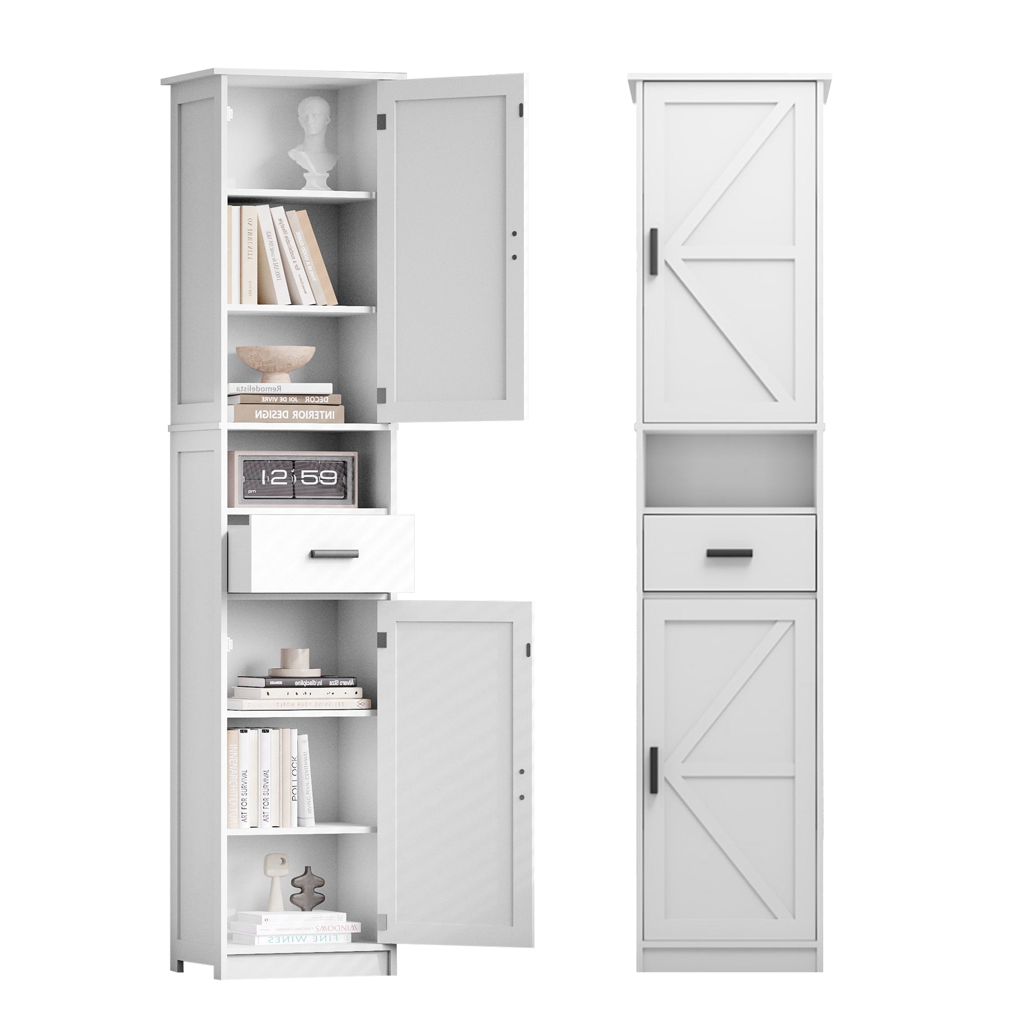 69' H Tall Bathroom Storage Cabinet with 2 Barn Doors and 1 Drawer, Narrow Storage Unit, Adjustable Shelves,Floor Cabinet for Bathroom, Living Room, Entryway,Kitchen,(White)