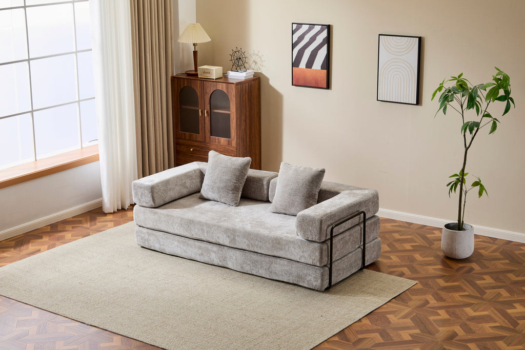 Floor Couch,Compression Sofa,Convertible Floor Sofa Bed-with Pillow Back Support Armrest,Comfy Futon Couch Lounge Sleeper Bed,Chenille fabric,for Living Room Bedroom (LIGHT-GREY)