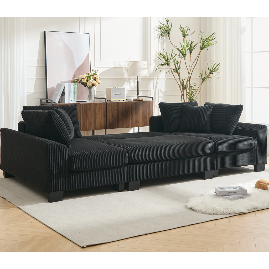 [NEW ARRIVED] [VIDEO PROVIDED]   114' Sleeper Sofa,U Shaped Sofa , Pull Out Bed,Convertible Oversize 2 in 1 Sleeper Sofa, Living Room,Upholstery Sofa Bed,Adjustable Sleeper Sofa,Corduroy,Black