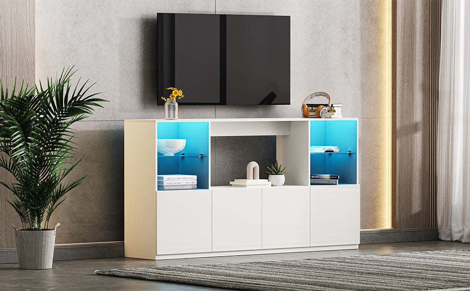 ON-TREND High Gloss TV Stand with LED Lights, Modern Sideboard with Large Storage Cabinet, Media Console with Tempered Glass Shelves for TVs up to 75', Living Room, White, 67'Wx13.7'D