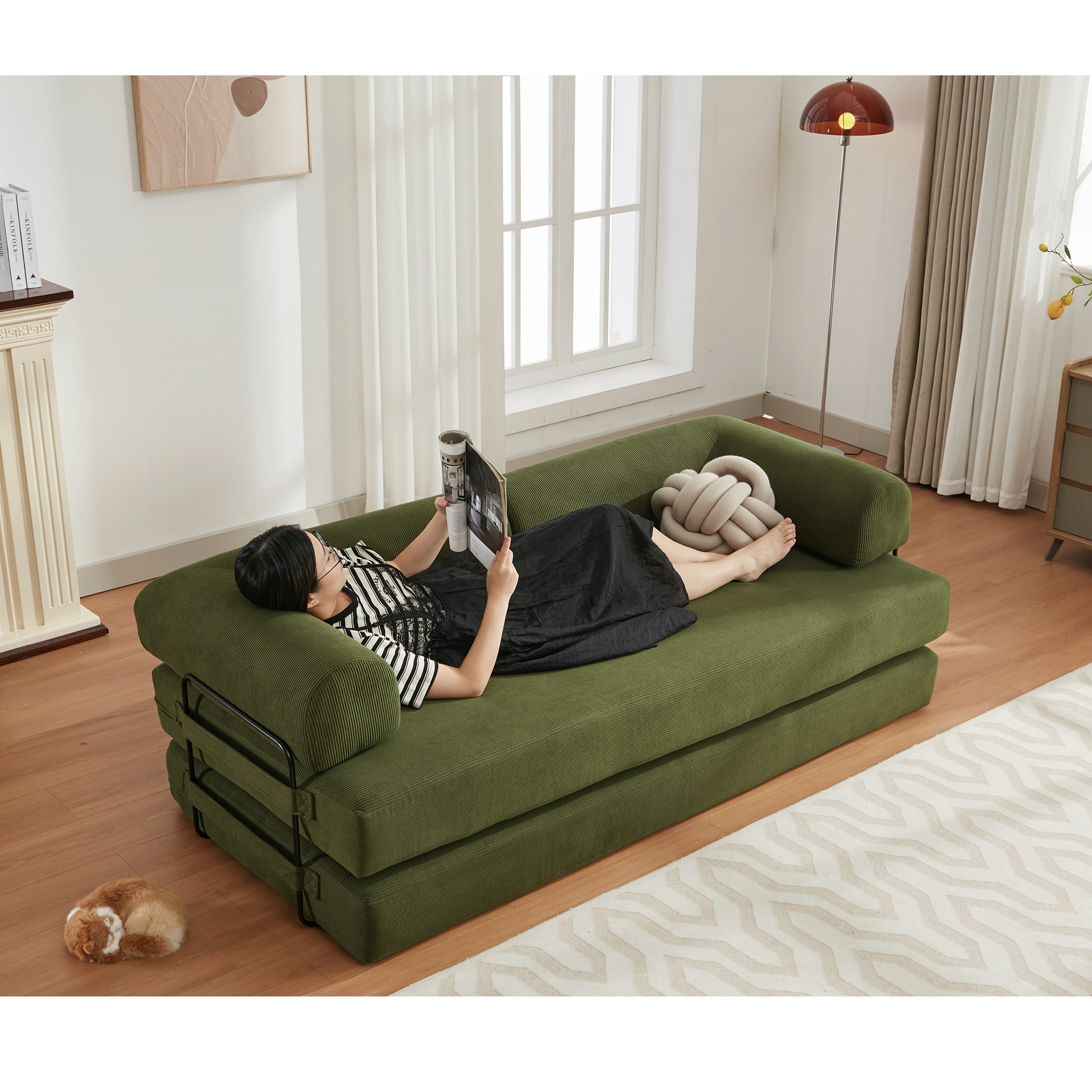 [NEW ARRIVED] [VIDEO PROVIDED] 78.5' Folding Convertible Out Sleeper Sofa Bed,4-in-1 DIY Combination Convertible  Sofa, 3 seat, Folding Sleeper Sofa, King Size , Bedroom,Apartment,Corduroy,Green