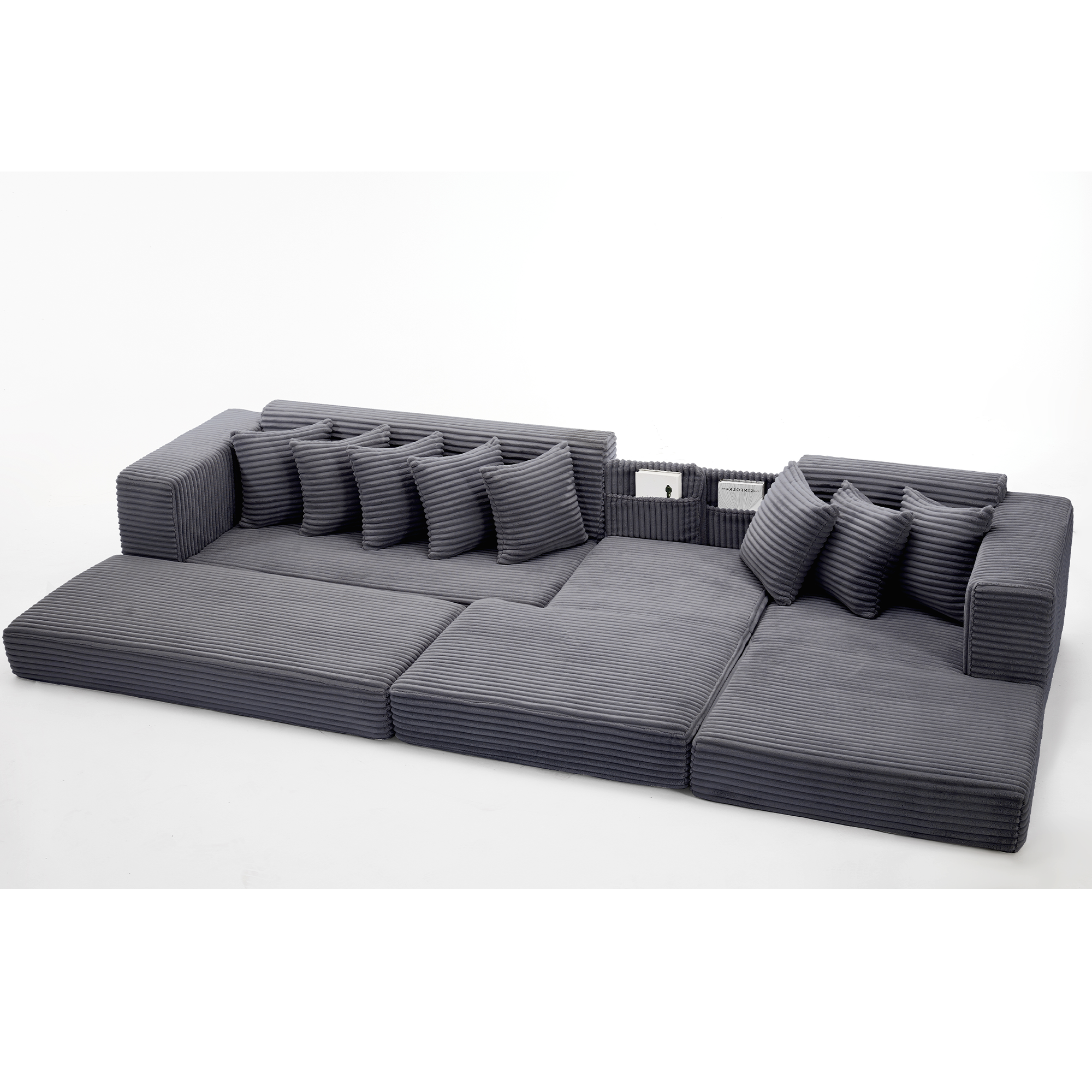 [NEW ARRIVED] [VIDEO PROVIDED] Oversize Cloud Couch, L-Shape Sofa, Convertible Floor Sleeper Sofa Bed, No Assembly ,Eight pillows,3-in-1,Magazine bag,(Right Facing Sofa),3 Seat,Corduroy,Dark Gray
