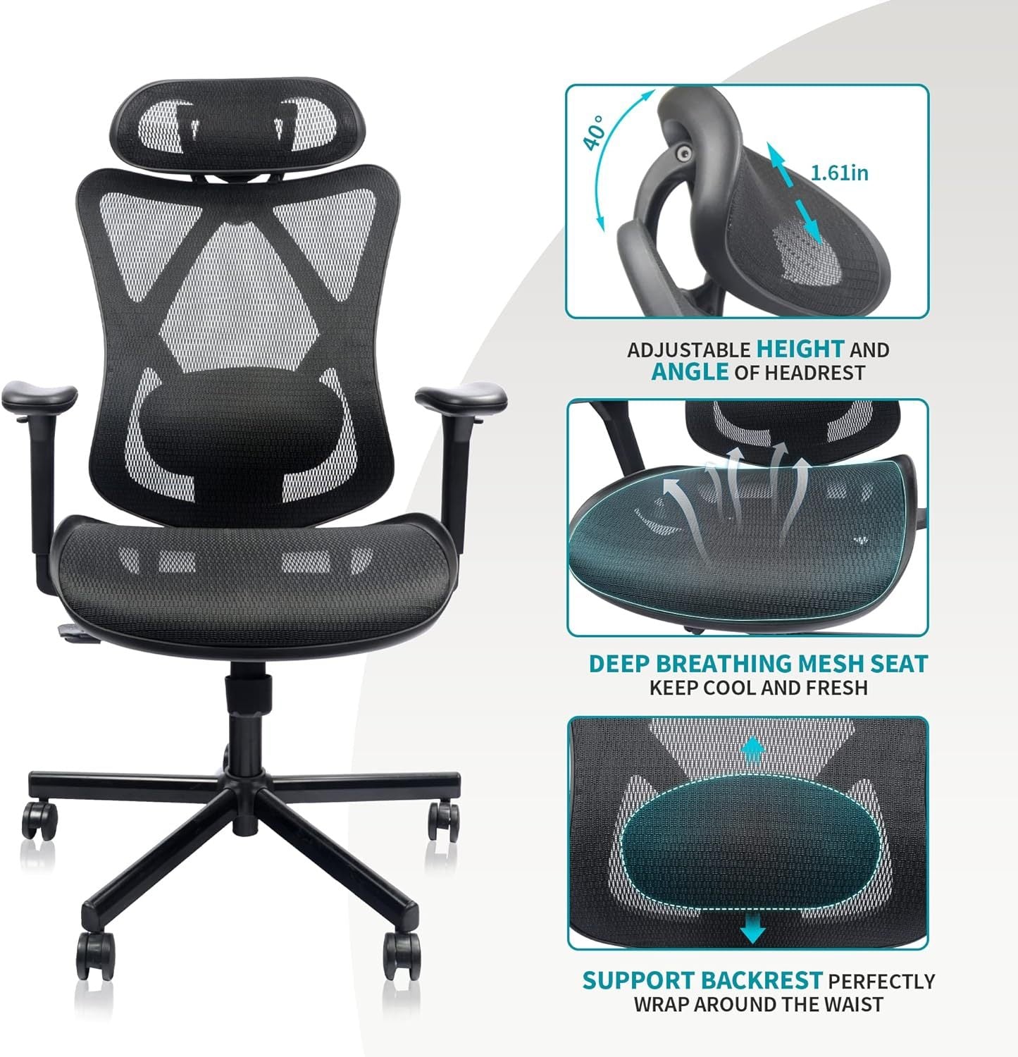 Mesh Office Chair,Ergonomic Office Chairs with Wheels,Adjustable Lumbar Support,Armrest,Headrest-Tilt High Back Desk Chair with Mute Wheel for Office, Home, Gaming