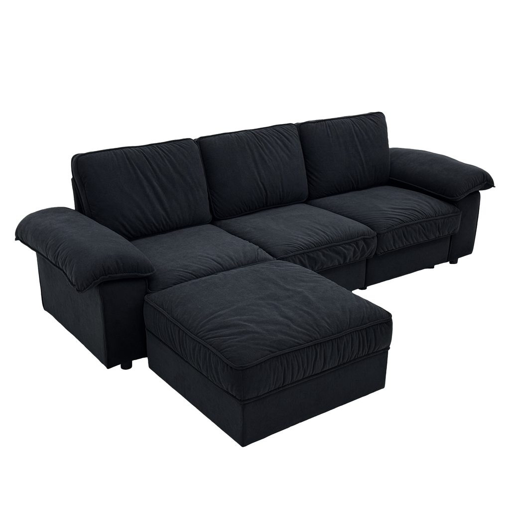 FX-P20M-3S0-BK (3S&Ottoman SOFA)105.5inch Upholstered L-Shaped Sectional Sofa with Storage , Modern Fabric Couch with Deep Cushions, Space-Saving Sofa for Apartment & Living Room