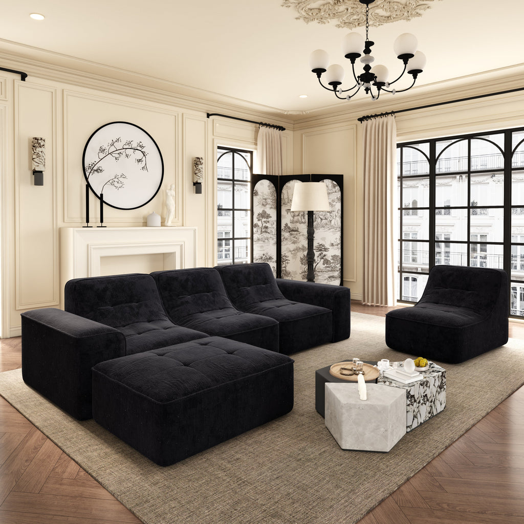 143.7' Modular Sectional Sofa Set with Removable Ottoman,Tufted Design, Deep Seat Couch, Chaise & Accent Chair,Modern DIY Sparkling Chenille Sofa for Living Room, Apartment, Office