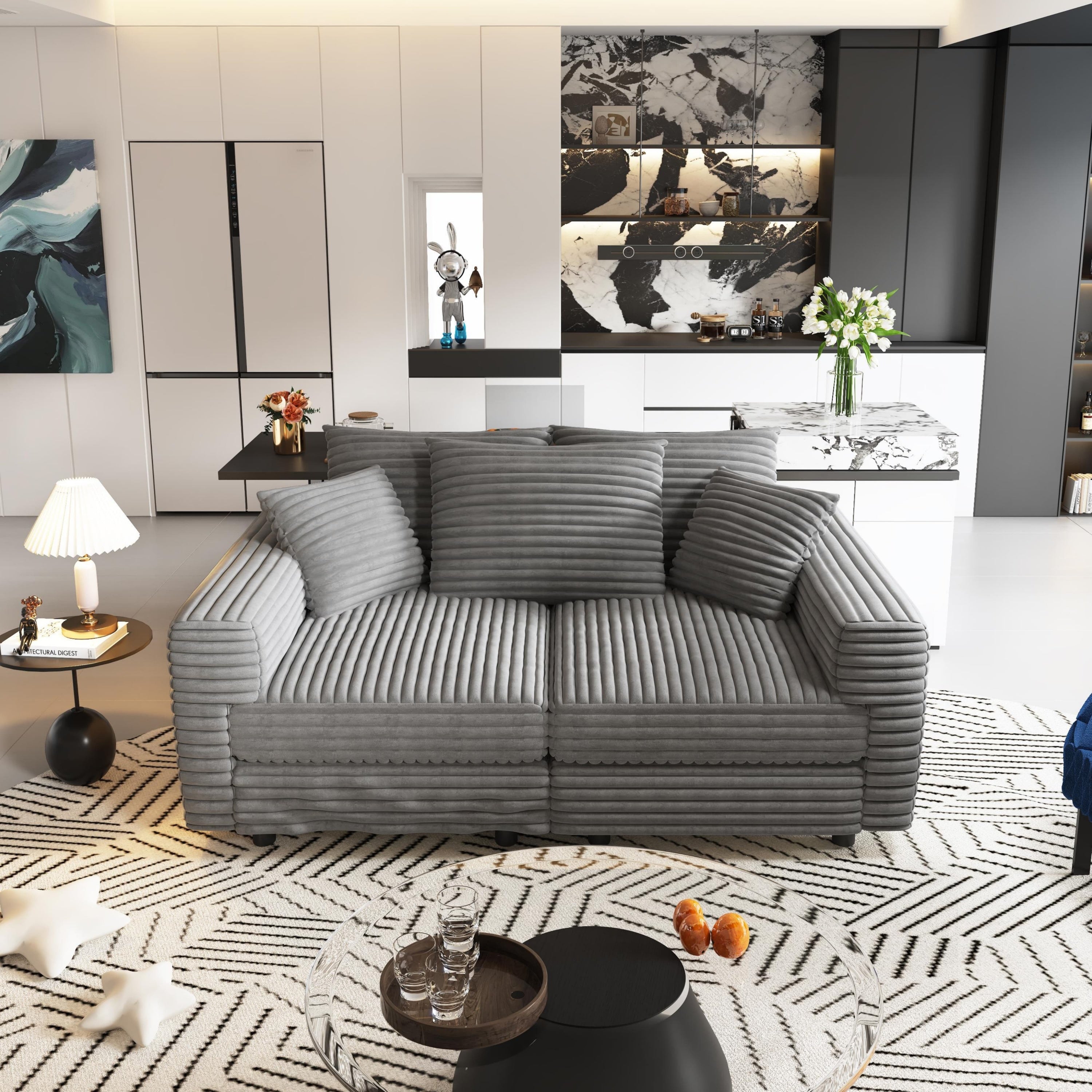 82.7 ' Plush Corduroy 3-Seat Sofa, Modern Comfy Upholstered Sofa Cloud Couch, Deep Seat Couches with Soft Pillows and 1 Ottomans, Convertible Sofa Lounge Chair, for Living Room,Apartment,Office,Grey