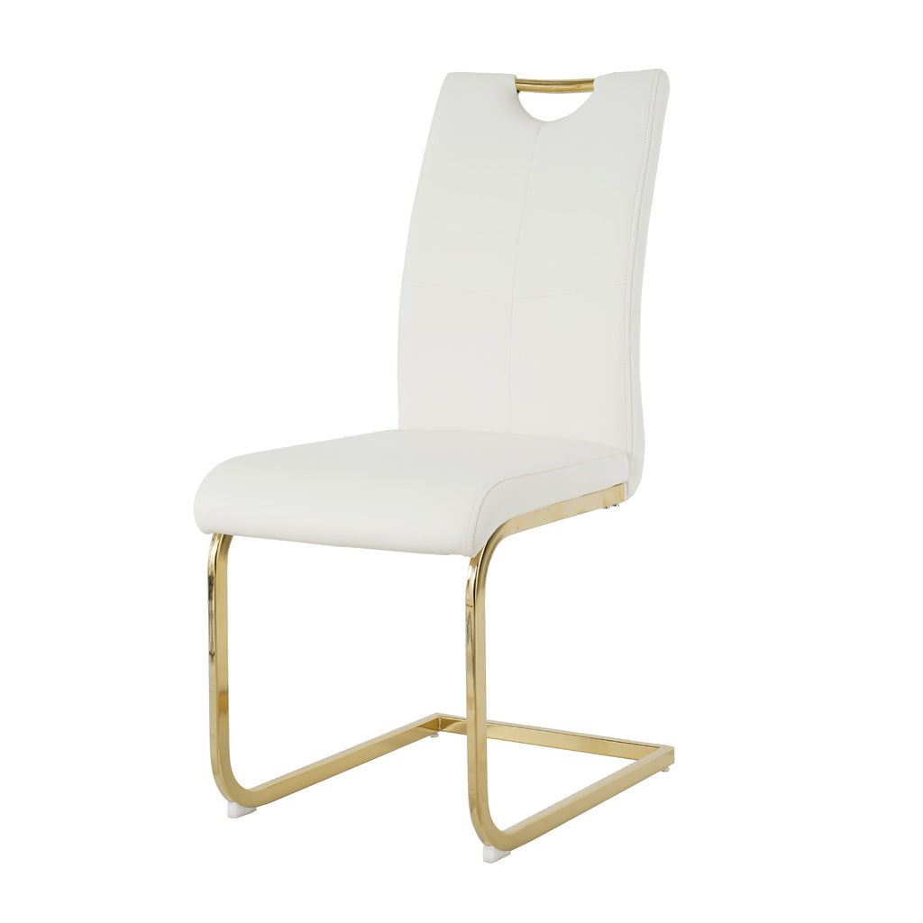 Modern style glass dining table, elegant transparent design, sturdy stainless steel base, White dining chair set, with gold-plated chair legs, suitable for dining room and kitchen (set of 7)