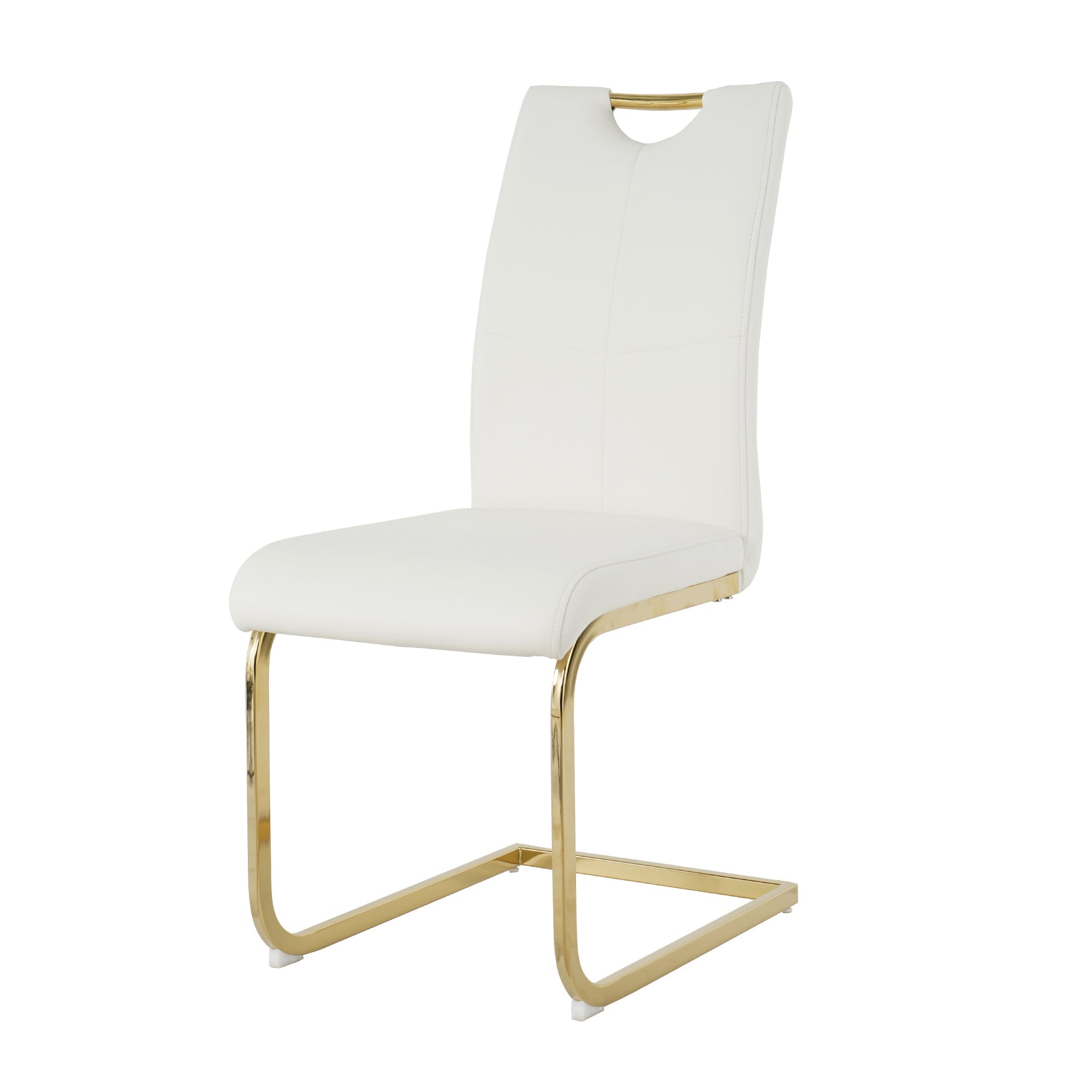 Modern style glass dining table, elegant transparent design, sturdy stainless steel base, White dining chair set, with gold-plated chair legs, suitable for dining room and kitchen (set of 7)