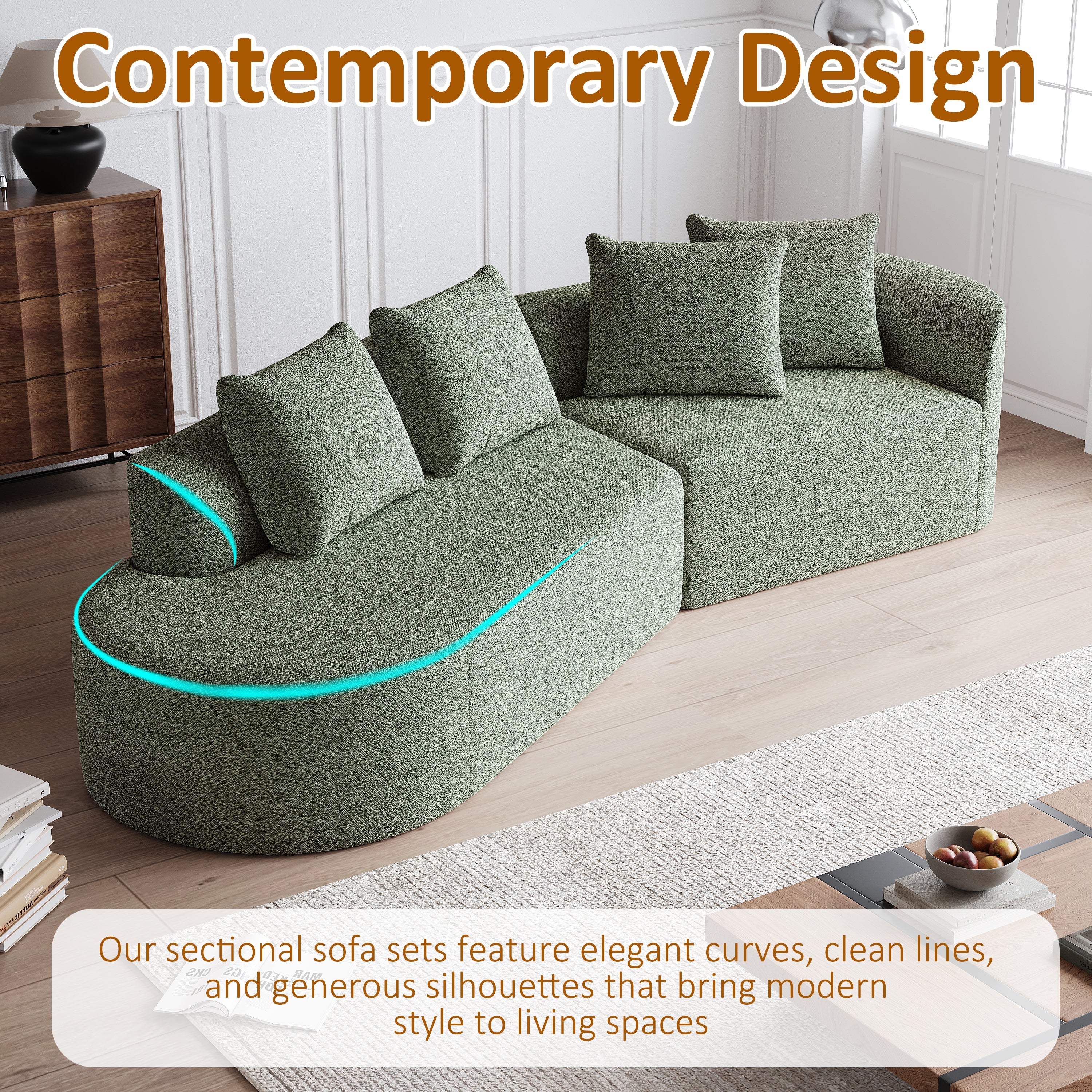 Modern Upholstered Oversized Sectional Sofa, 112-Inch Chenille 4-Seater Extra Deep & Wide Seat Curved Cloud Couch with 4 Throw Pillows, Free Combination Sofa Couch for Living Room,Bedroom