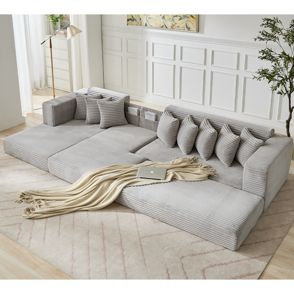 [NEW ARRIVED] [VIDEO PROVIDED]   Oversize Cloud Couch, L-Shape Sofa, Convertible Floor Sleeper Sofa Bed,  No Assembly ,Eight pillows,3-in-1,Side Pocket,(Left Facing Sofa),3 Seat,Corduroy,Light Gray