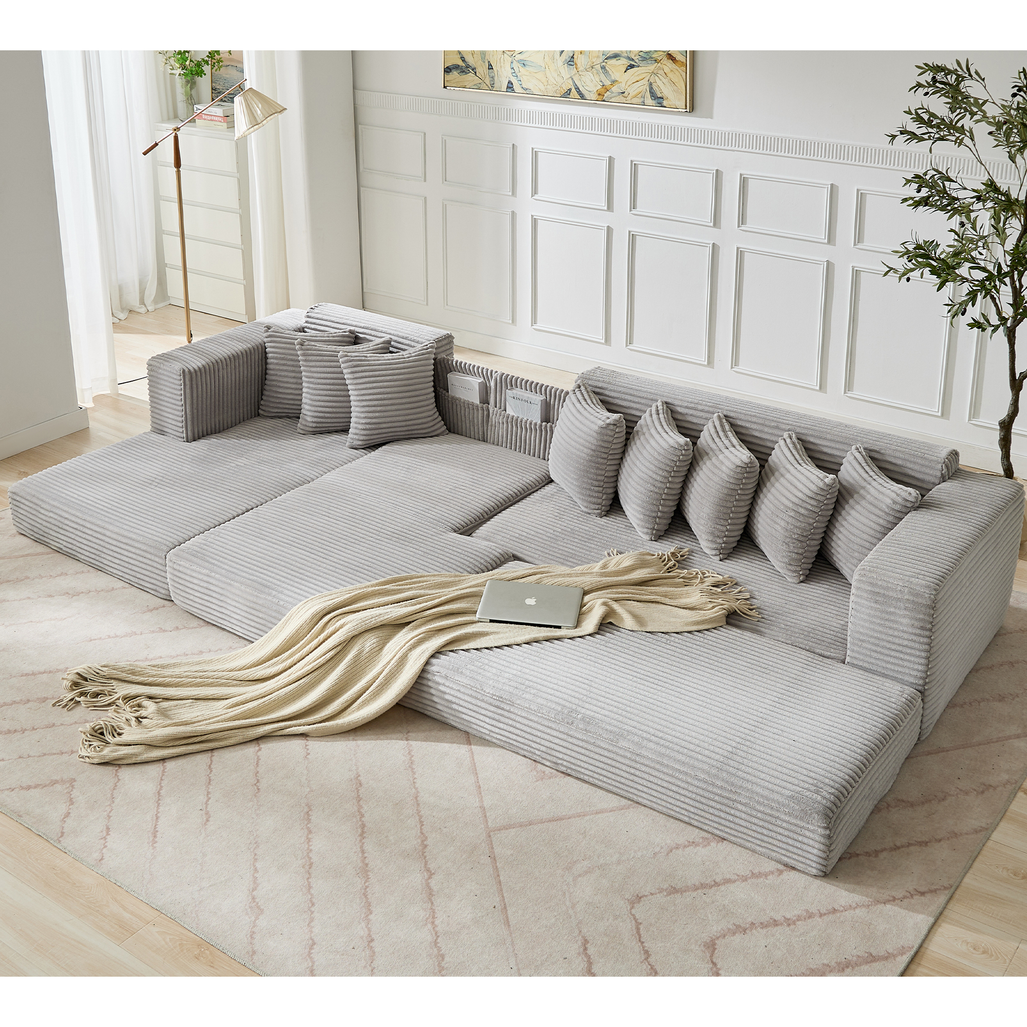 [NEW ARRIVED] [VIDEO PROVIDED]   Oversize Cloud Couch, L-Shape Sofa, Convertible Floor Sleeper Sofa Bed,  No Assembly ,Eight pillows,3-in-1,Side Pocket,(Left Facing Sofa),3 Seat,Corduroy,Light Gray