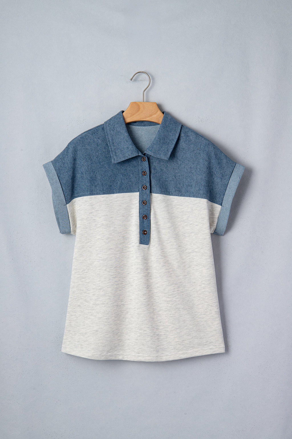 Colorblock Denim Patchwork Buttoned Polo Top