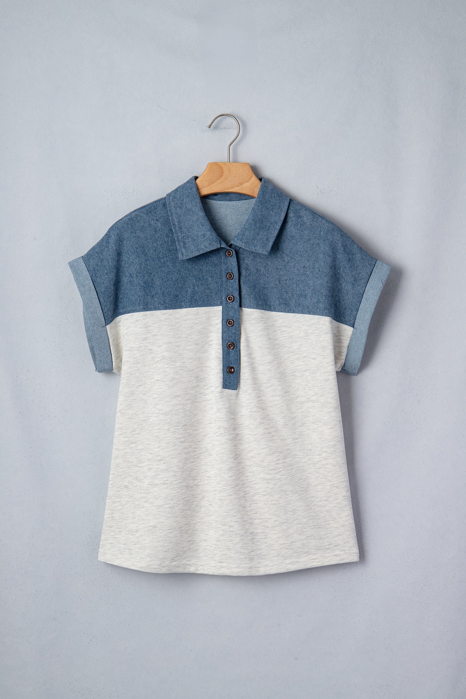 Colorblock Denim Patchwork Buttoned Polo Top
