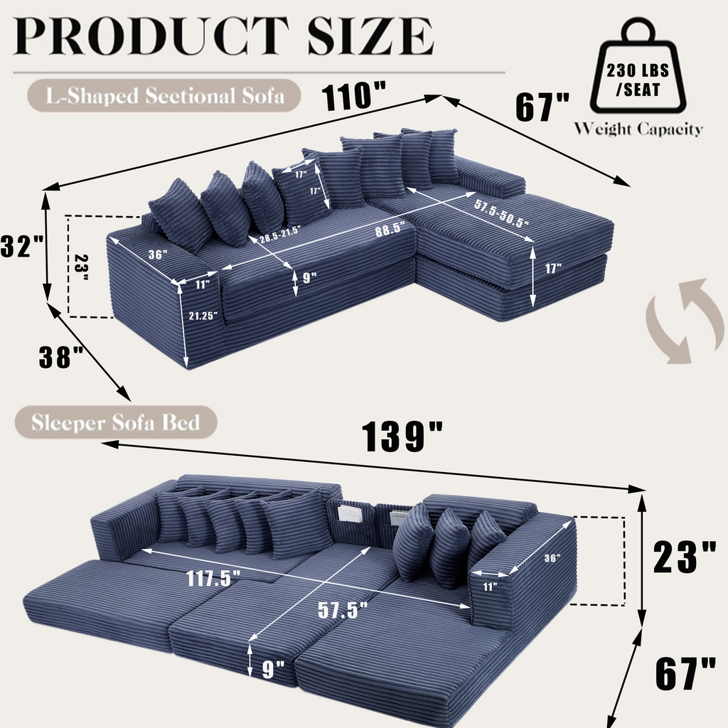 [NEW ARRIVED] [VIDEO PROVIDED] Oversize Cloud Sectional Couch, L-Shape Sofa, Convertible Floor Sleeper Sofa Bed, No Assembly ,Eight pillows,3-in-1,Magazine bag,(Right Facing Sofa),3 Seat,Corduroy,Blue