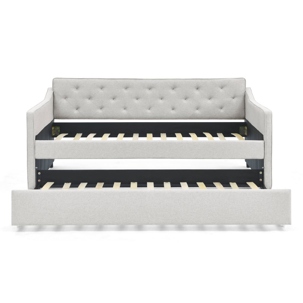 Twin Size Daybed with Twin Size Trundle Upholstered Tufted Sofa Bed,  Waved Shape Arms, Beige (80.5'x44.5'x33.5')