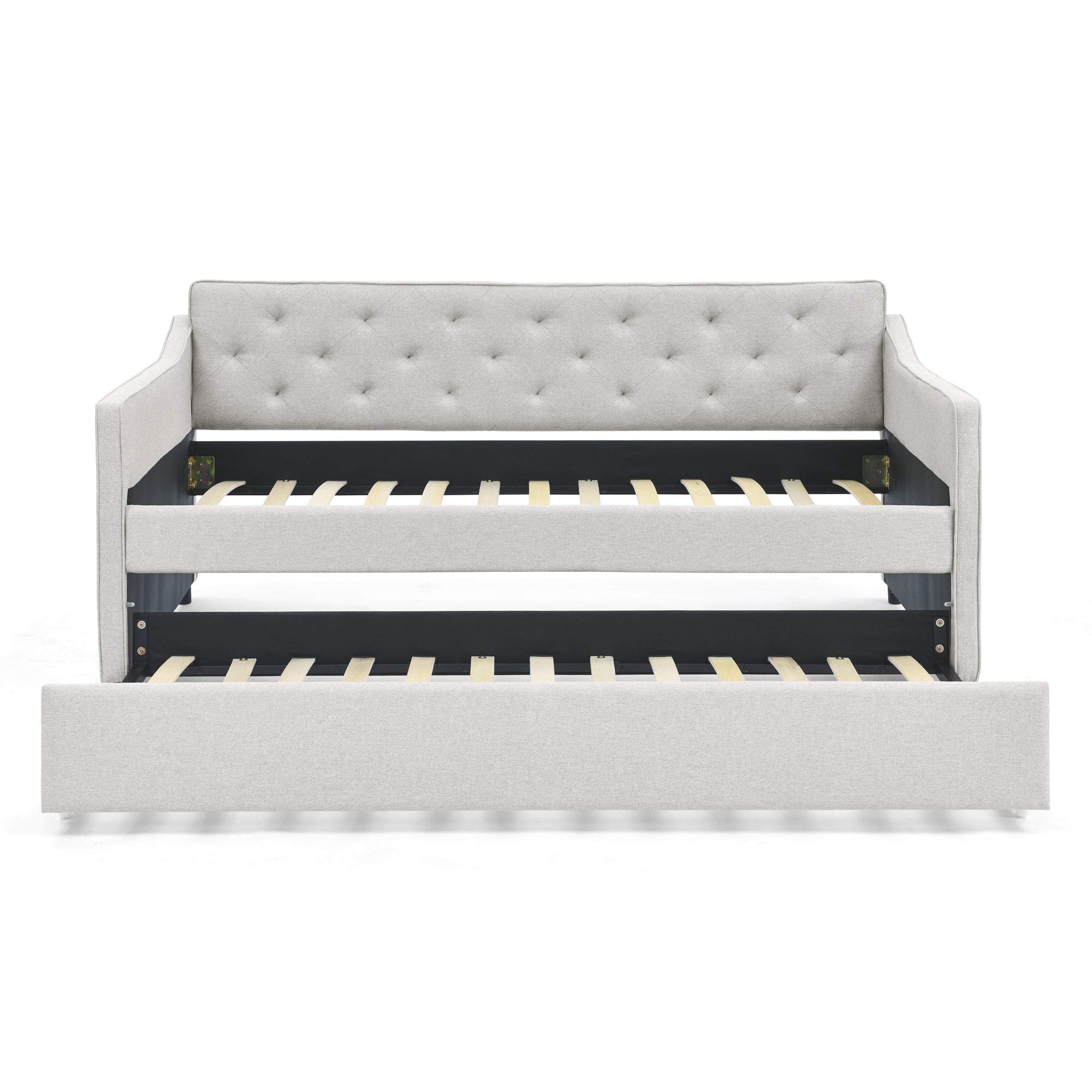 Twin Size Daybed with Twin Size Trundle Upholstered Tufted Sofa Bed,  Waved Shape Arms, Beige (80.5'x44.5'x33.5')