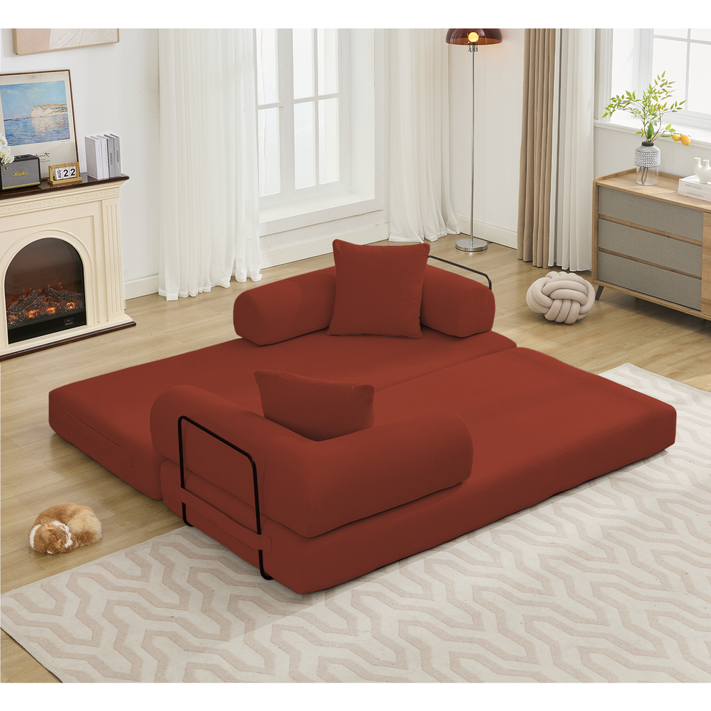 [NEW ARRIVED] [VIDEO PROVIDED] 78.5' Folding Convertible Out Sleeper Sofa Bed,5-in-1 DIY Combination Convertible  Sofa, 3 seat, Folding Sleeper Sofa, King Size , Bedroom,Apartment,Corduroy,Ancora Red