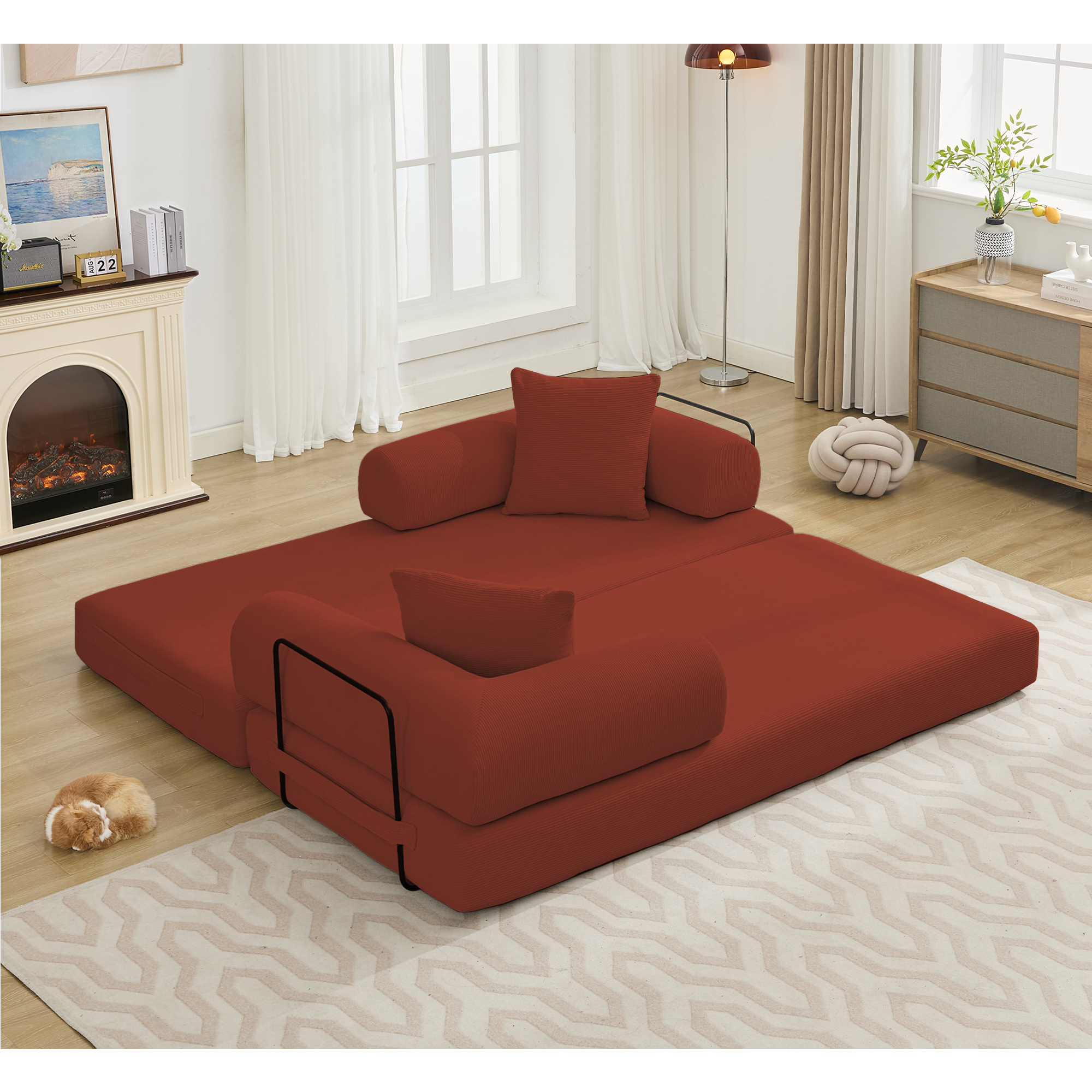 [NEW ARRIVED] [VIDEO PROVIDED] 78.5' Folding Convertible Out Sleeper Sofa Bed,5-in-1 DIY Combination Convertible  Sofa, 3 seat, Folding Sleeper Sofa, King Size , Bedroom,Apartment,Corduroy,Ancora Red