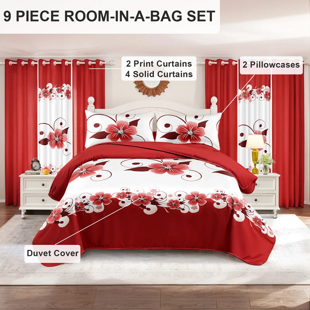Red White Floral Duvet Cover & Curtain Set 9 Piece, Queen Size - Coordinated Bedding Bundle with Sheer Grommet Drapes, 2 Pillowcases & Matching Curtains, Machine Washable