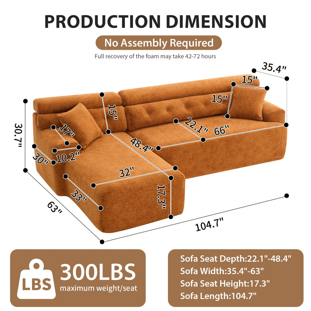 LY-029B Convertible Chaise Sectional Sofa, Full Compression Sponge Modular Couch for Apartment Living Room,Orange 3-Seater with Wood Grain Chenille, 2 Pillows Included, 86'L