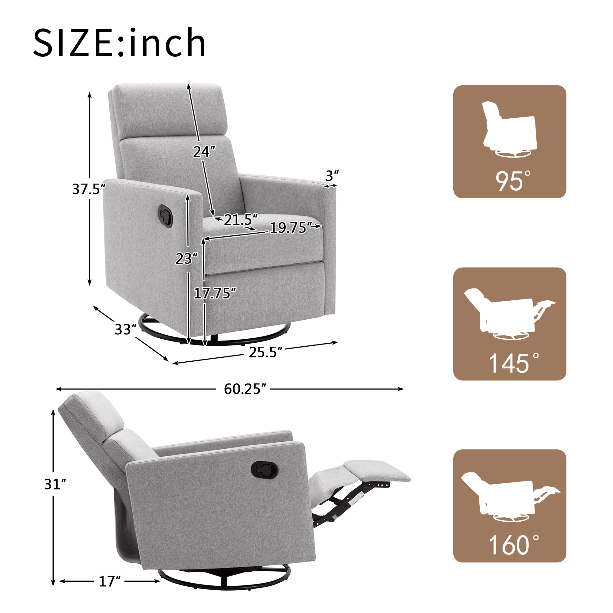 Modern Upholstered Rocker Nursery Chair Plush Seating Glider Swivel Recliner Chair, Gray Linen