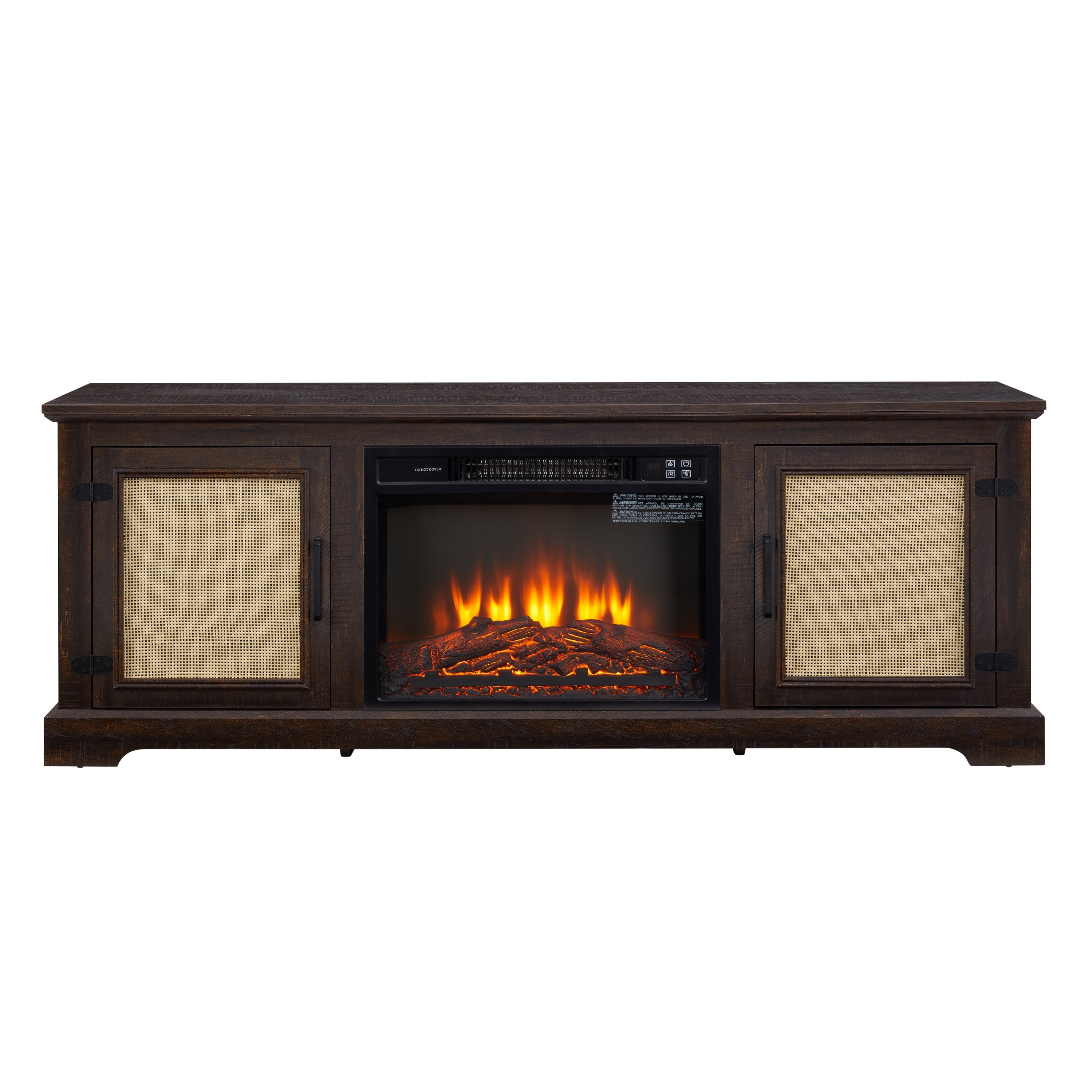Natural Rattan Door Cabinet with Adjustable Shelf Wood, Farmhouse Rattan TV Stand Console Table for TVs up to 70 Inches, Storage tv stand with 23' fireplace insert, 65'W*15.55'D*23.86'H, Espresso