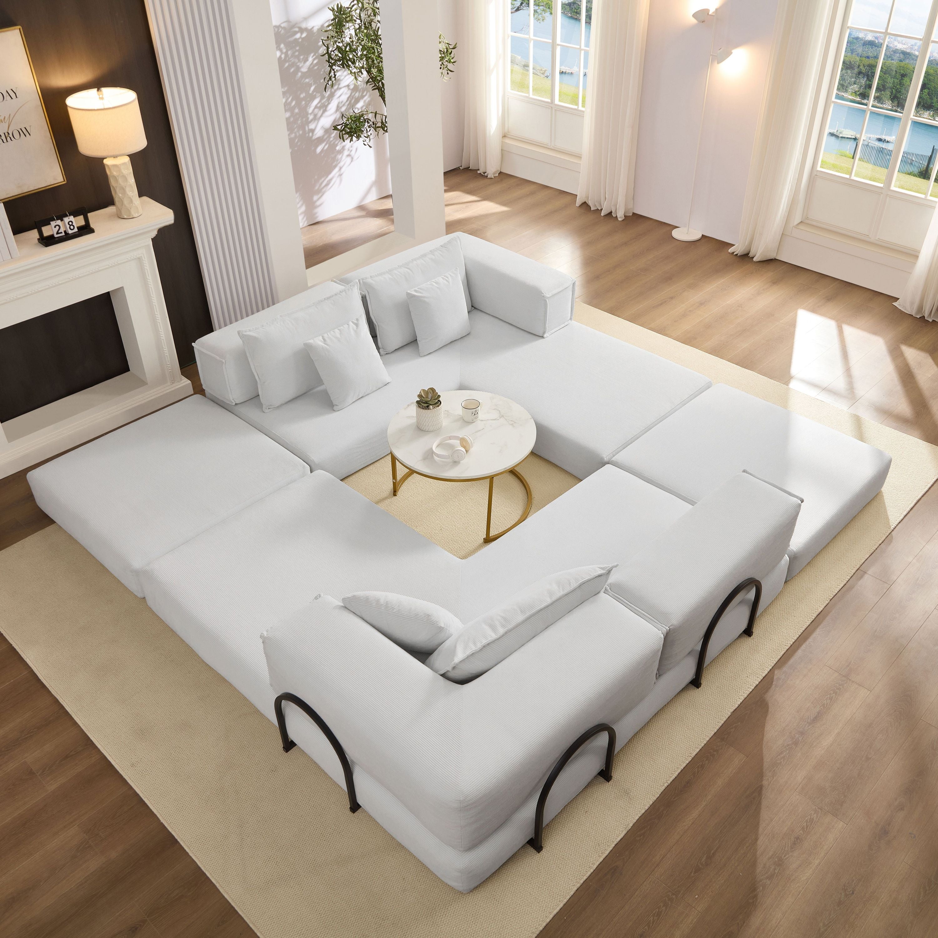 Oversized Upholstered Sectional Sofa Couch Set, Modular 118.2 ' L Shaped Floor Living Room Sofa Set With 6 Pillows, DIY Combination Sofa Couch for living rooms, apartments,bedrooms, White