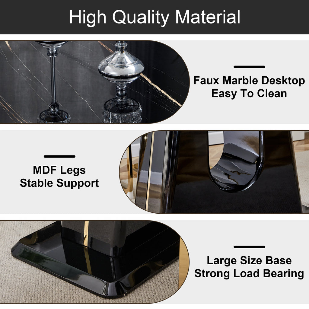 A modern, minimalist, and luxurious table. A black imitation marble tabletop with MDF U-shaped legs. Dining table, computer table. For restaurants and living rooms 63' * 35.4'* 30' F-U