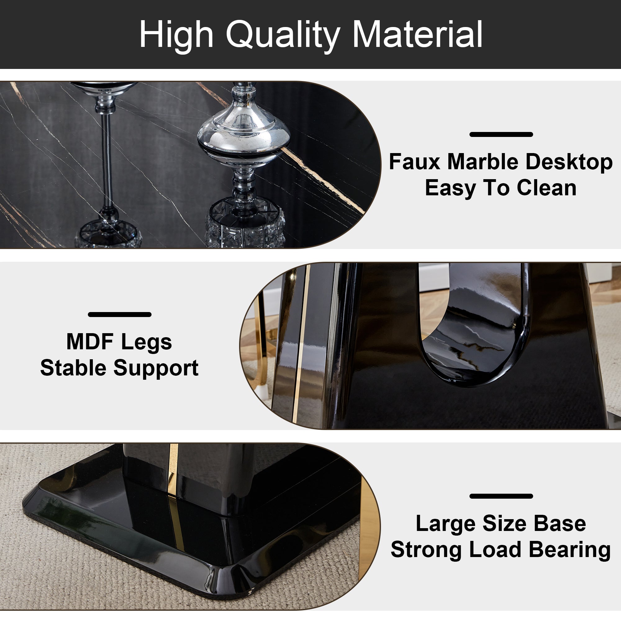 A modern, minimalist, and luxurious table. A black imitation marble tabletop with MDF U-shaped legs. Dining table, computer table. For restaurants and living rooms 63' * 35.4'* 30' F-U