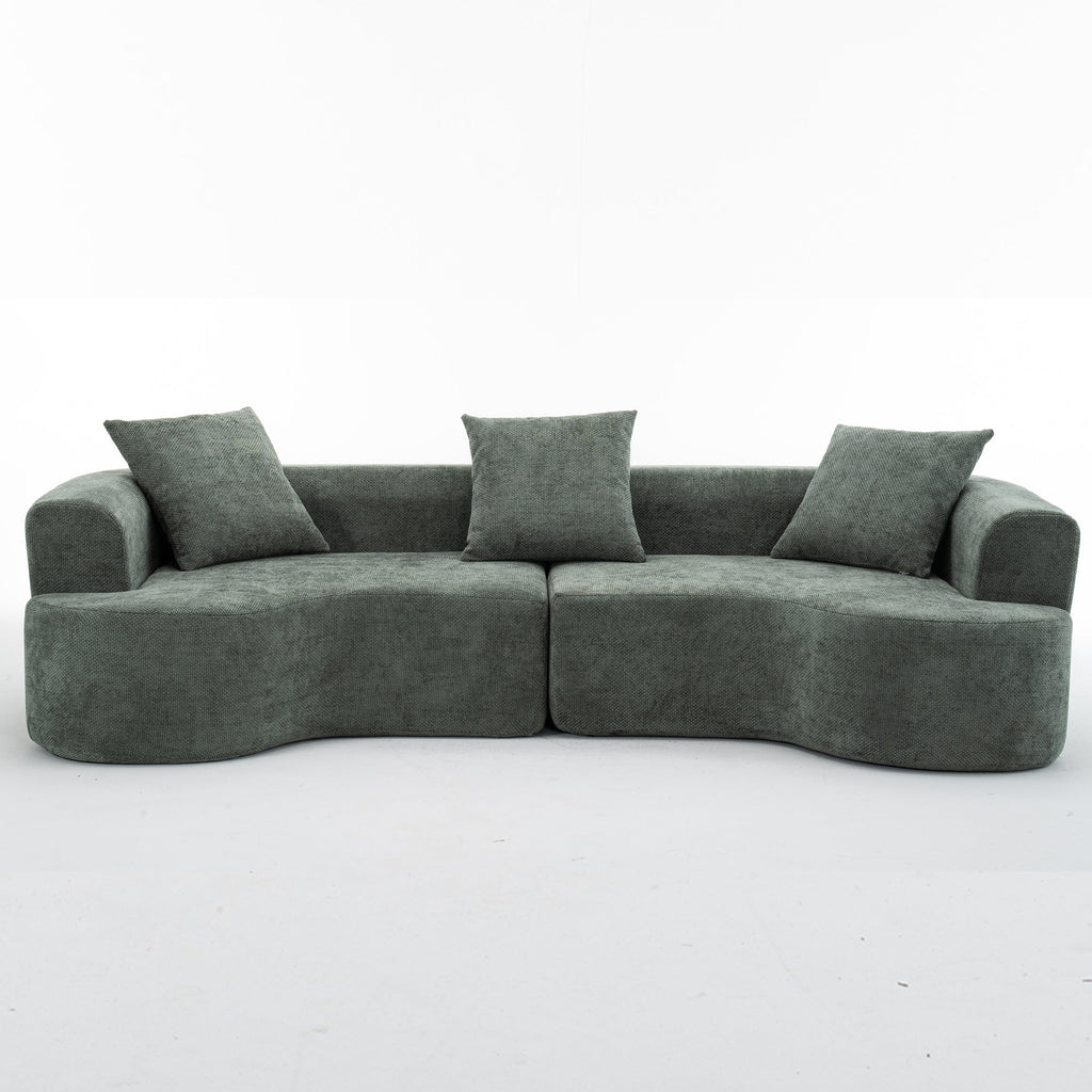 Modern Style Green Curved Sofa, Soft Corduroy Sofa with 3 Pillows, Living Room Milky White Ultra Smooth Curved Fabric Sofa