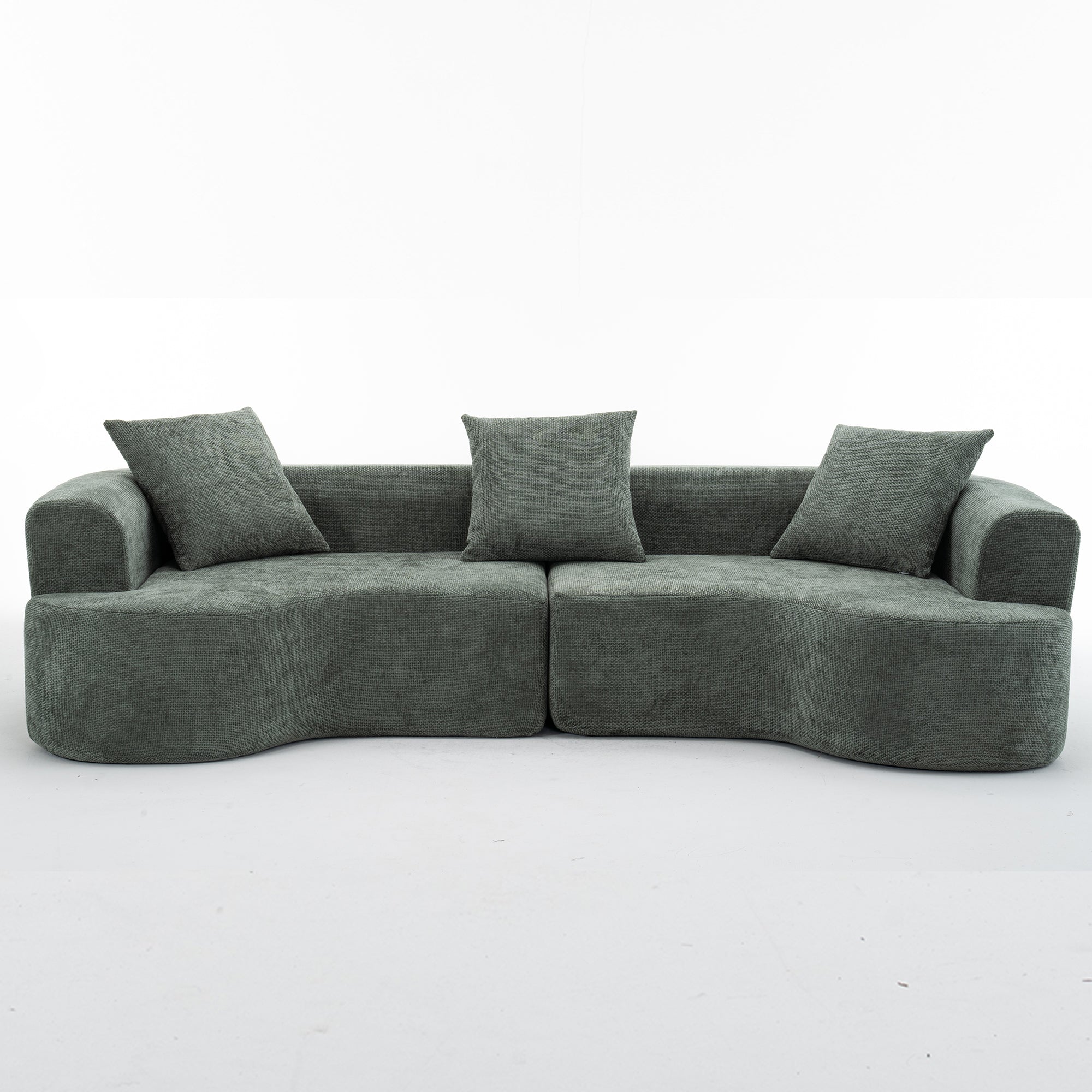 Modern Style Green Curved Sofa, Soft Corduroy Sofa with 3 Pillows, Living Room Milky White Ultra Smooth Curved Fabric Sofa