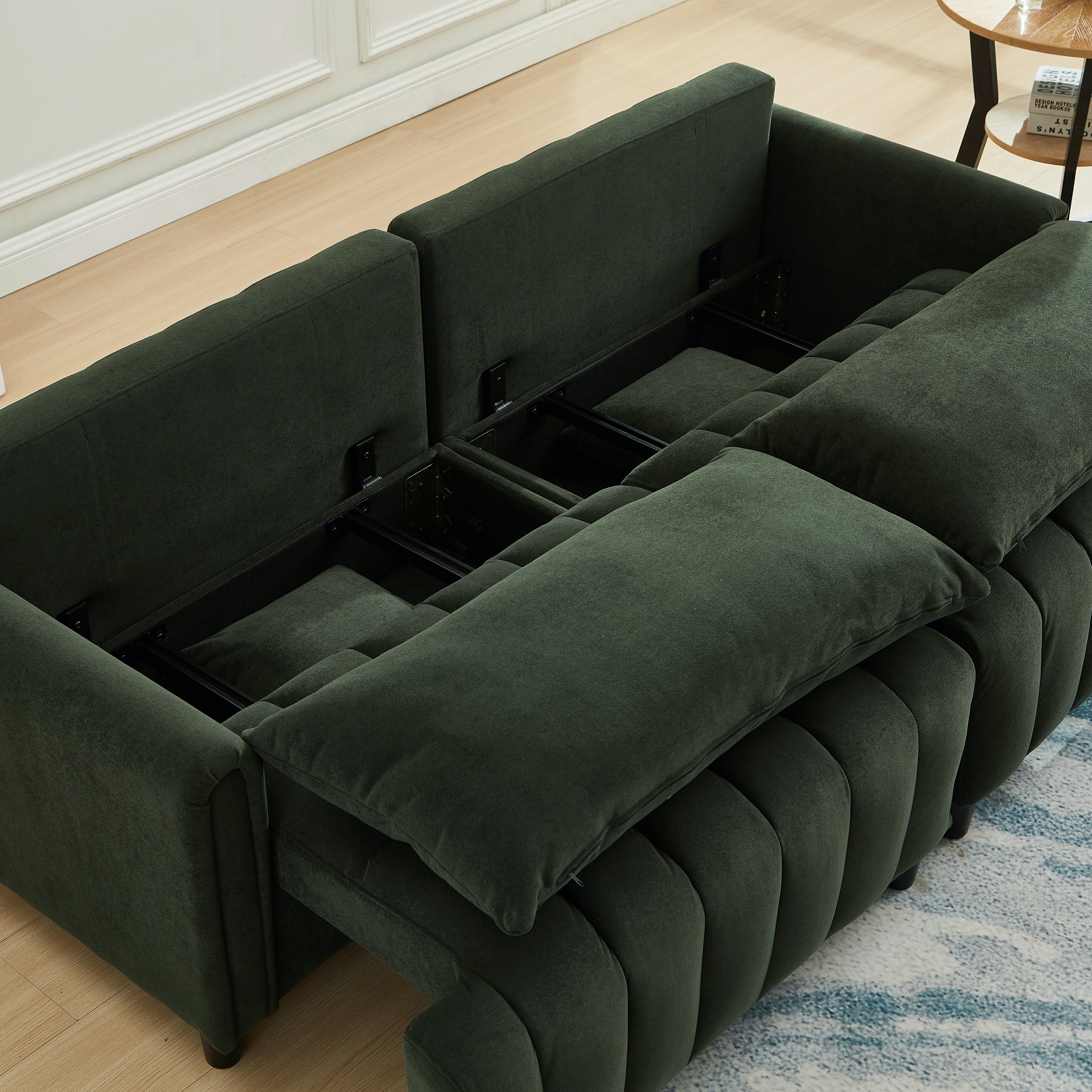 83'' Futon Sofa Bed, Polyester Fabric Comfy Futon Couch Bed with 2 Square Pillows, Convertible Sleeper Sofa with Adjustable Backrest,  Modern Loveseat Sleeper for Living Room, Dark Green