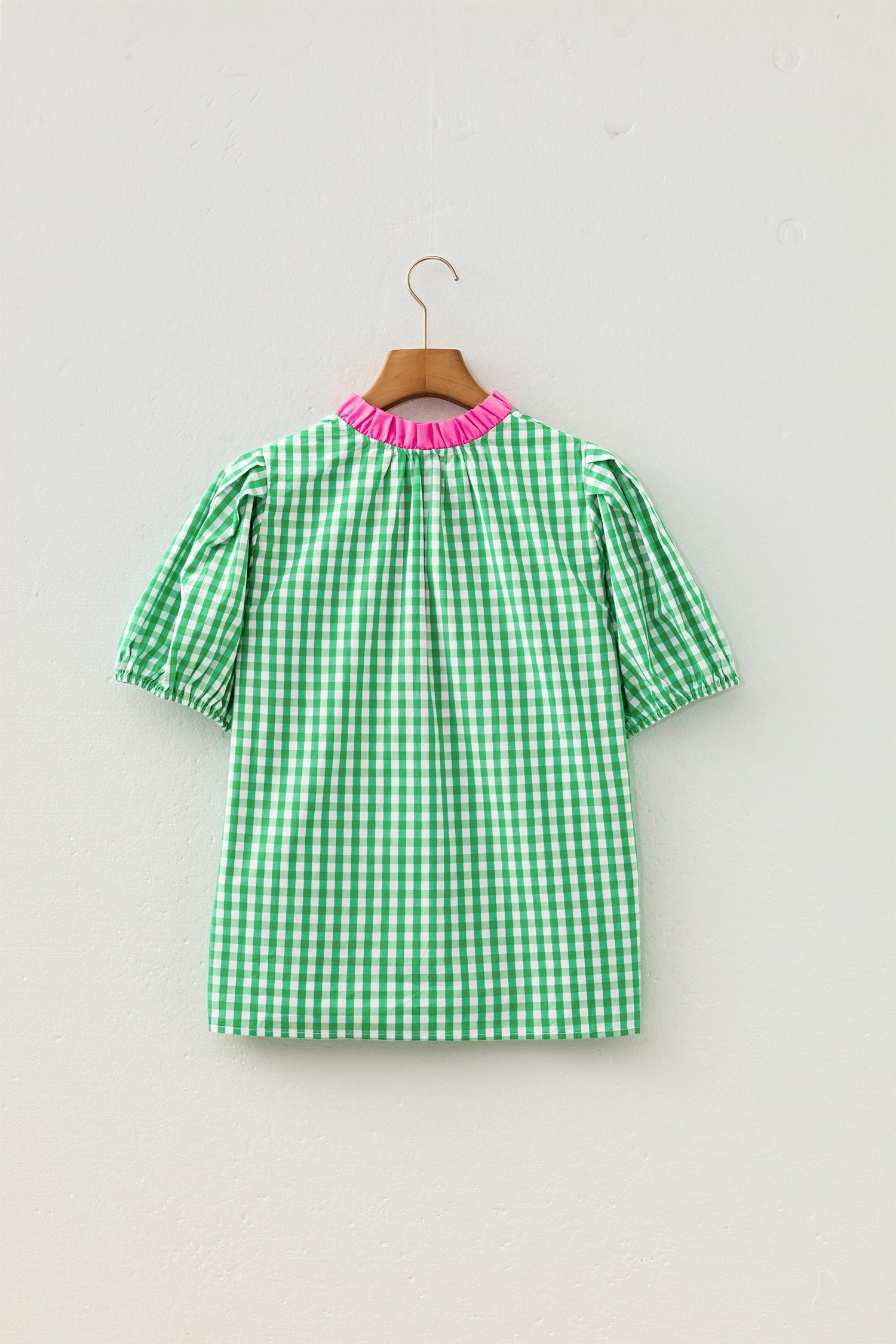 Gingham Bubble Sleeve Colorblock Trim V-Neck Blouse