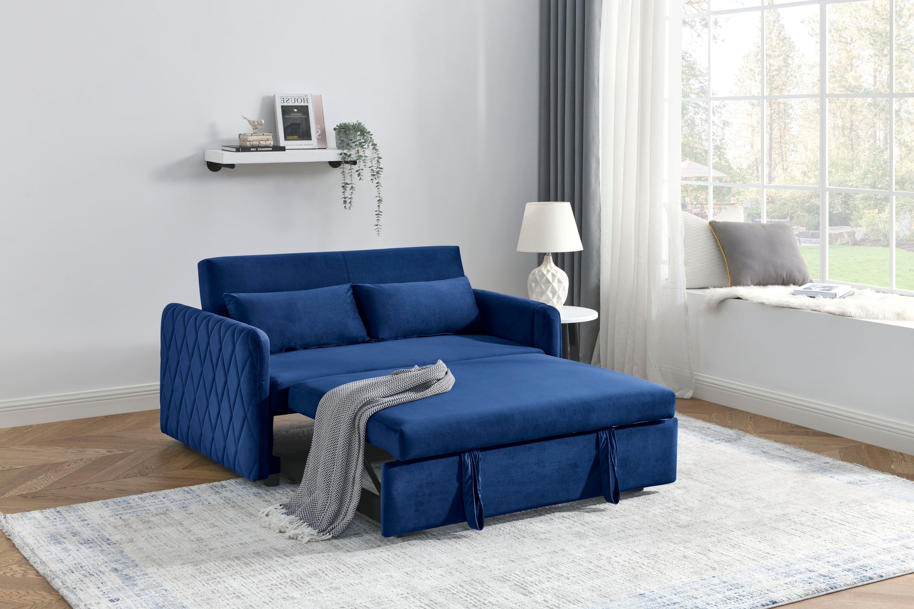 55' Modern Convertible Sofa Bed with 2 Detachable Arm Pockets, Velvet Loveseat Sofa with Pull Out Bed, 2 Pillows and Living Room Adjustable Backrest, Grid Design Armrests