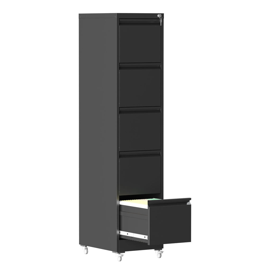 Heavy Duty Black Metal 5 Drawer Vertical File Cabinet with Lock and Wheels for Home Office