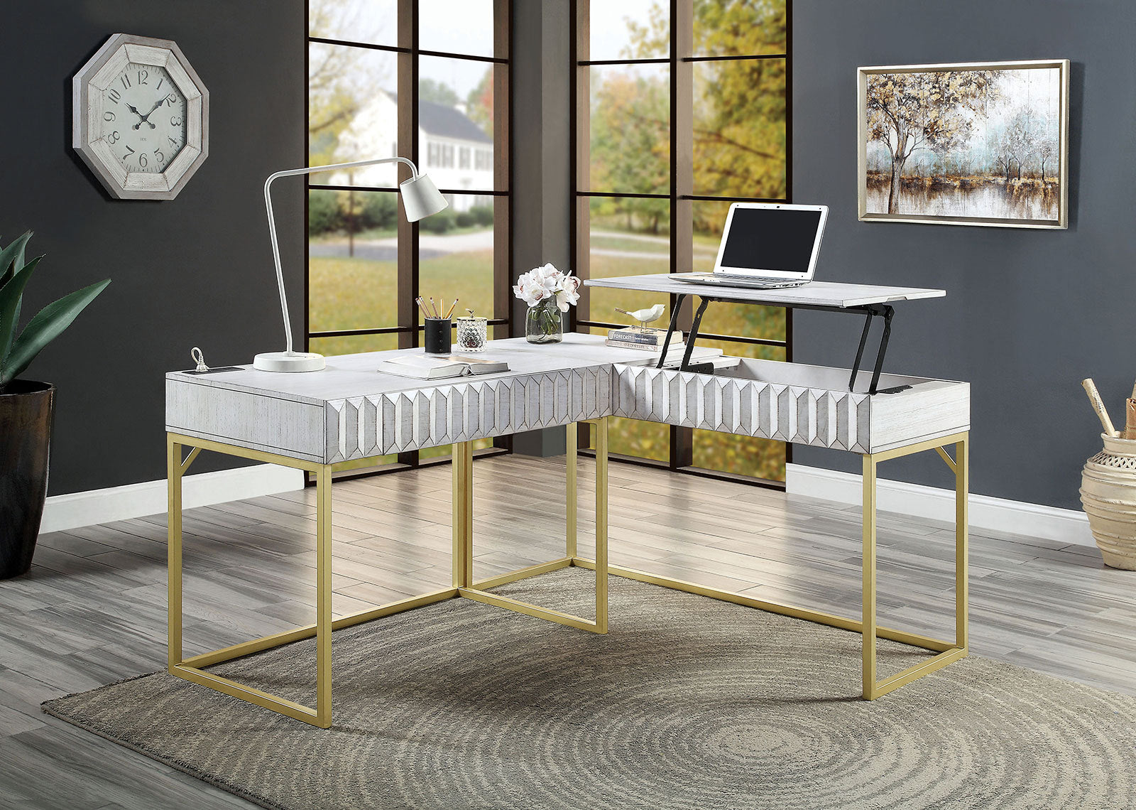 Transitional Two-tone Computer Desk Antique White, USB Port Lift Top Design And Concealed Drawer