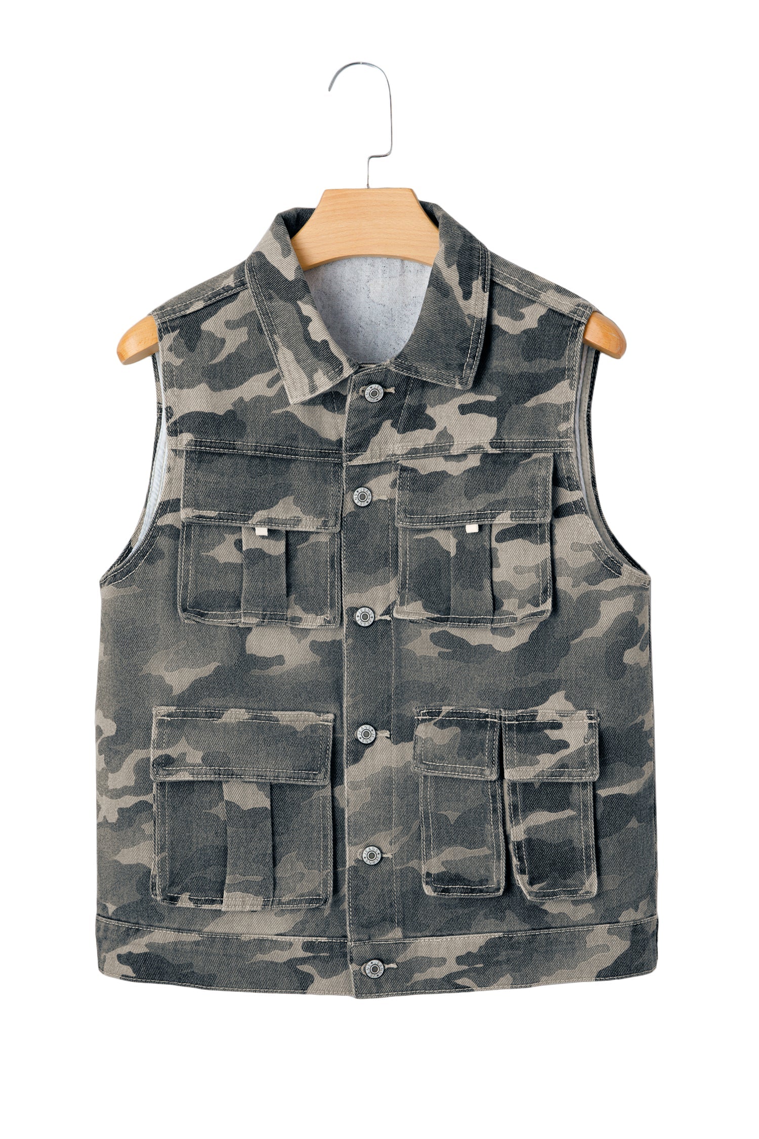 Camo Denim Cargo Pocket Buttoned Vest