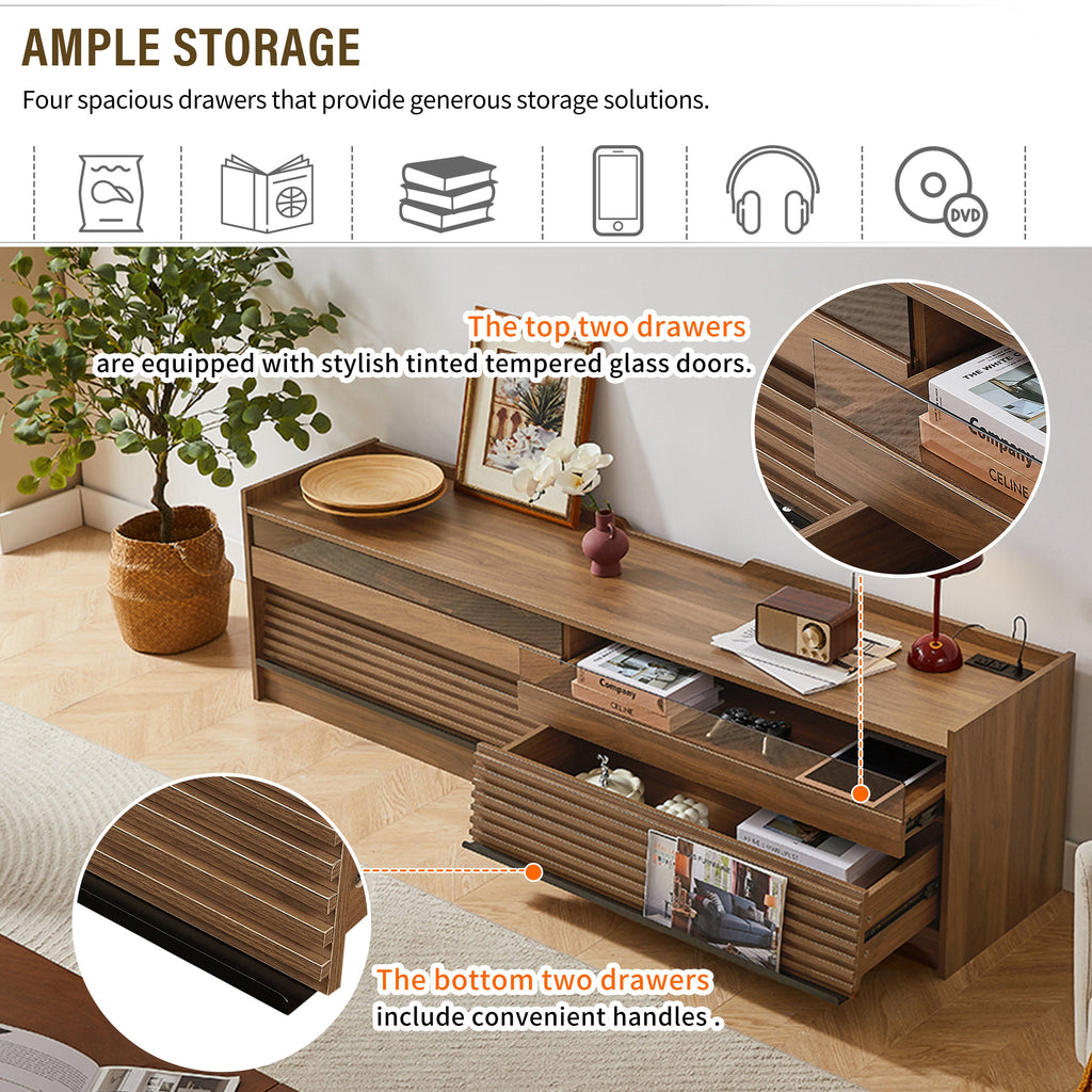 Mirod Modern TV Stand with Ample Storage,4 Drawer Design with Tempered Glass ,Built-in Charging Ports and Ambient LED Lighting ,Versatile for Any Decor Style