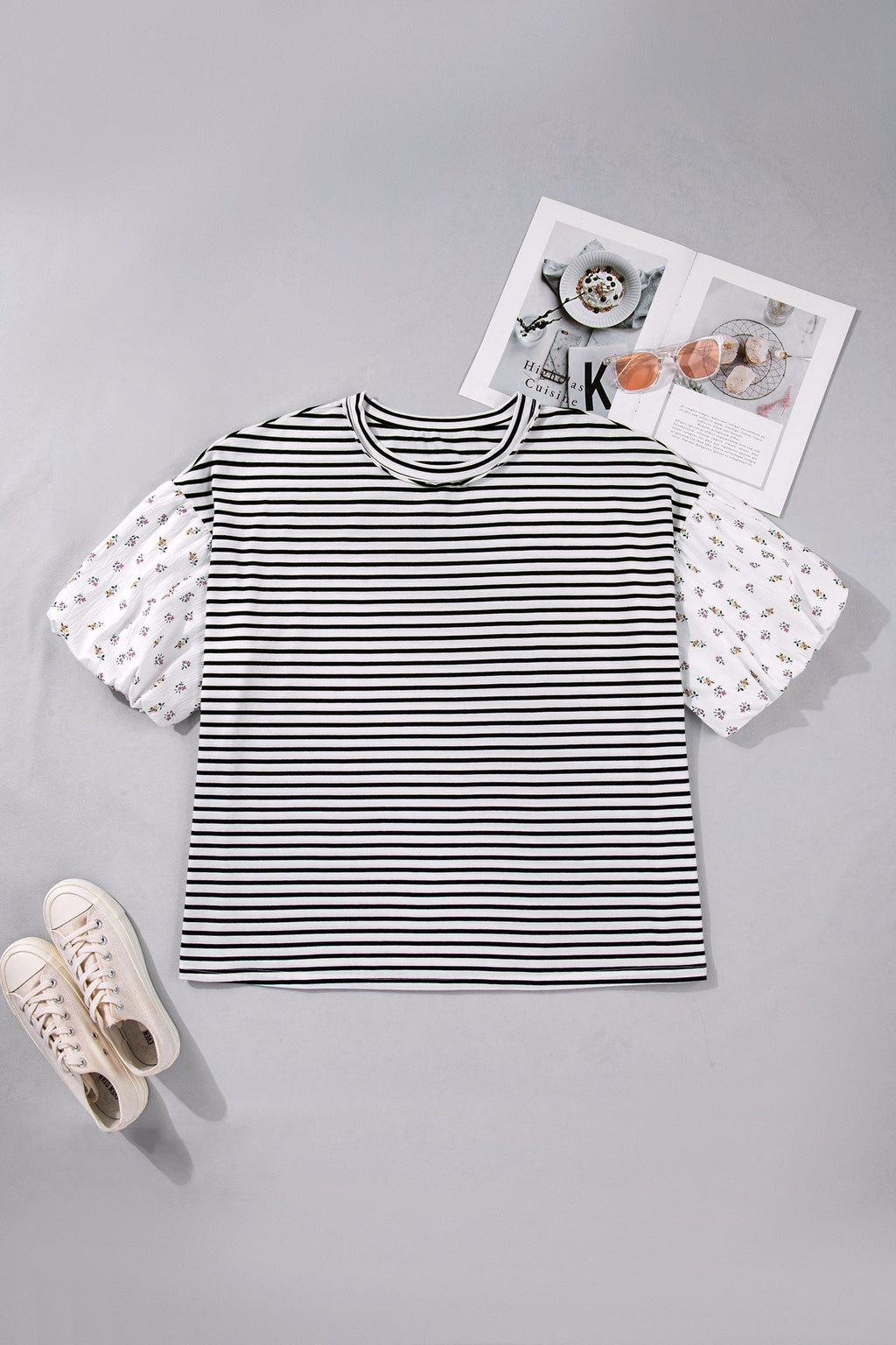 Plus Size Stripe Floral Patchwork Puff Sleeve Top