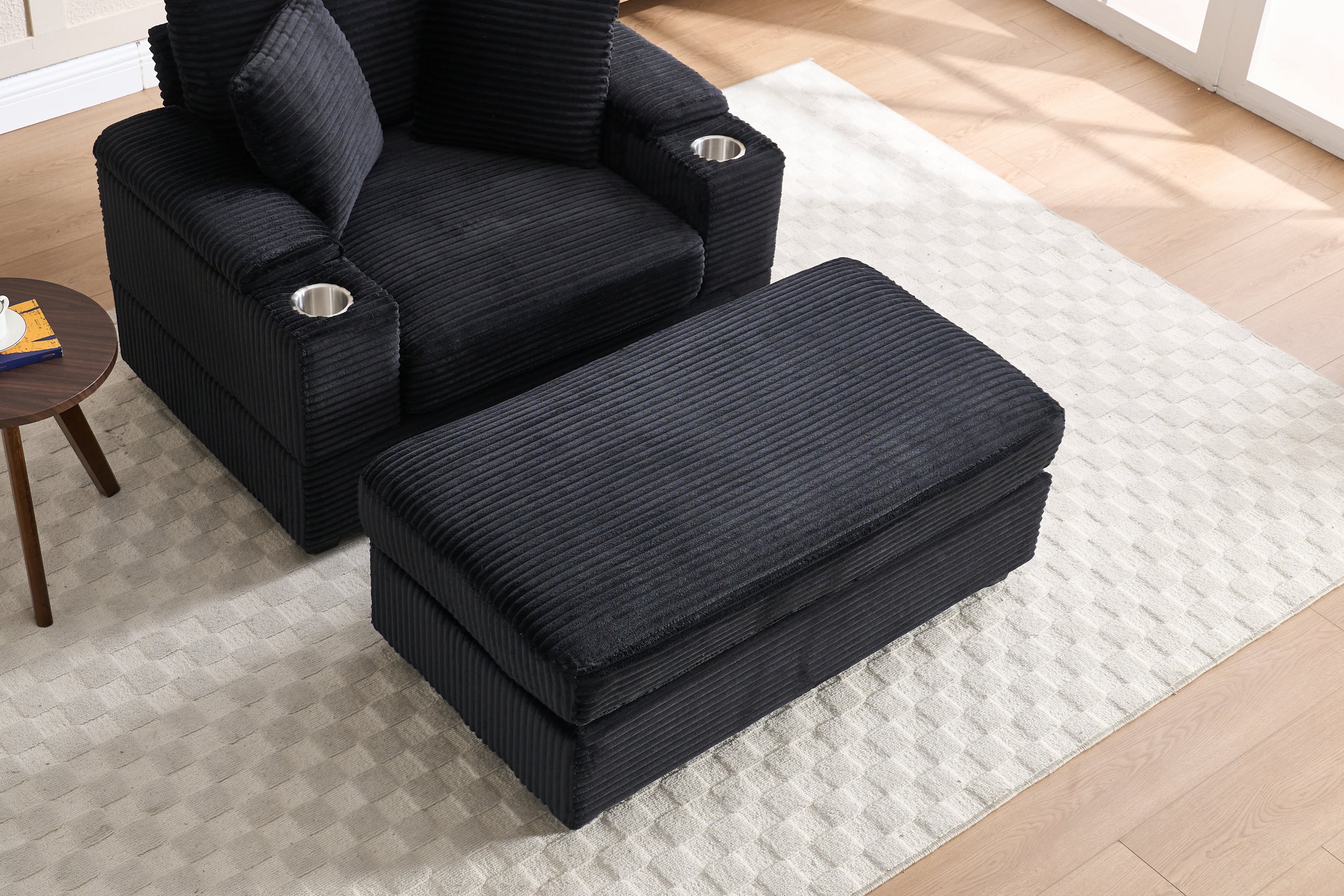[VIDEO/New]Corduroy Upholstered Chaise Lounge Sofa with Handrail storage,Movable ottoman,Cupholders,Detachable Cushions Deep Seat for Living Room Office,5 colour,Wide stripe corduroy