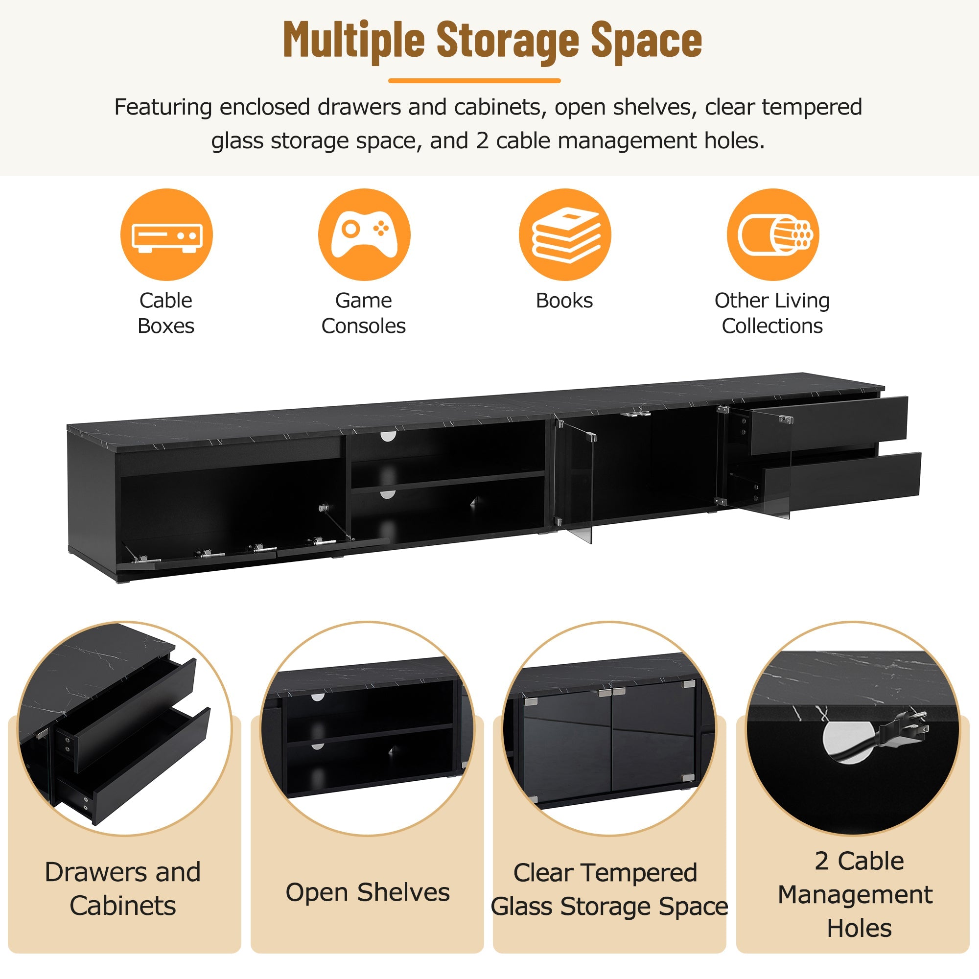 ON-TREND Modern APP Controlled LED TV Stand for TVs Up to 105'', Faux Marble Tabletop Media Console with Tempered Glass Doors, Entertainment Center with 2 Drawers & Cabinets for Living Room, Black