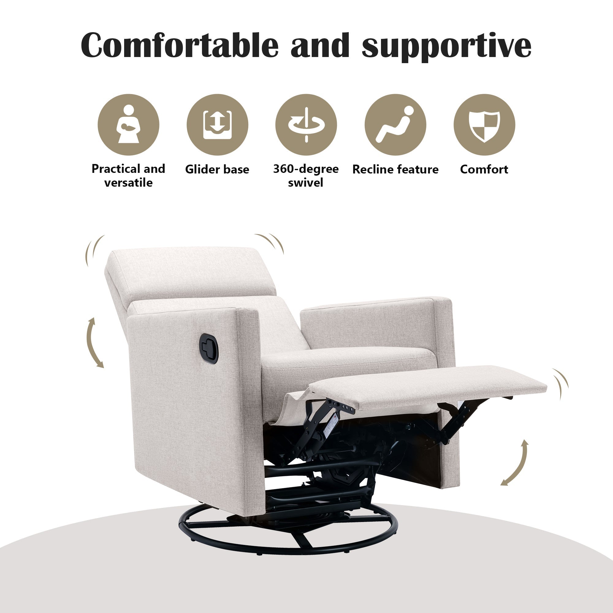 Modern Upholstered Rocker Nursery Chair with Plush Seating, Tan Linen, Swivel Recliner