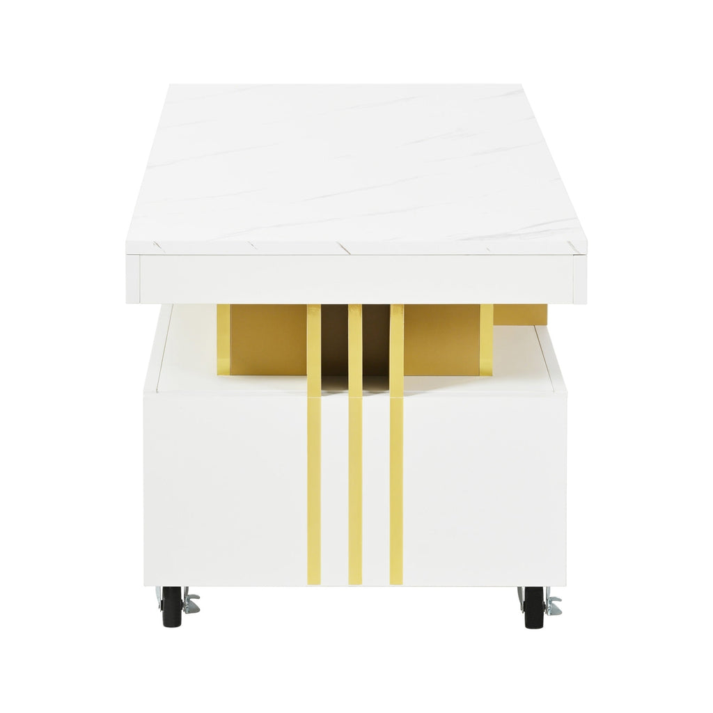 ON-TREND Contemporary Coffee Table with Faux Marble Top, Rectangle Cocktail Table with Caster Wheels, Moderate Luxury Center Table with Gold Metal Bars for Living Room, White